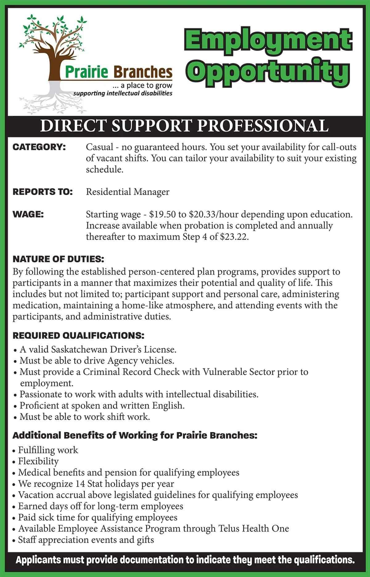 Prairie Branches Employment Opportunity DIRECT SUPPORT PROFESSIONAL