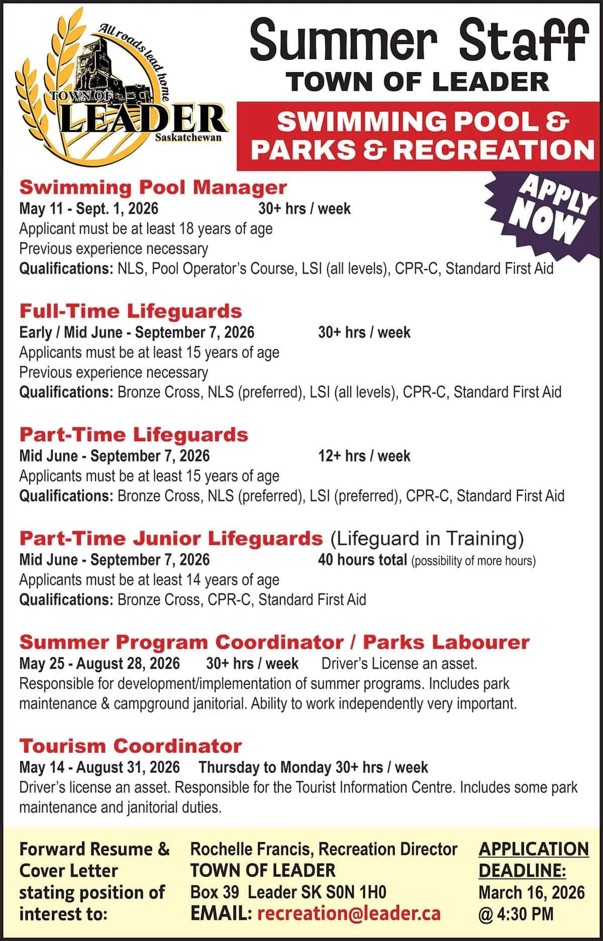 Summer Staff TOWN OF LEADER SWIMMING POOL &amp; PARKS &amp; RECREATION