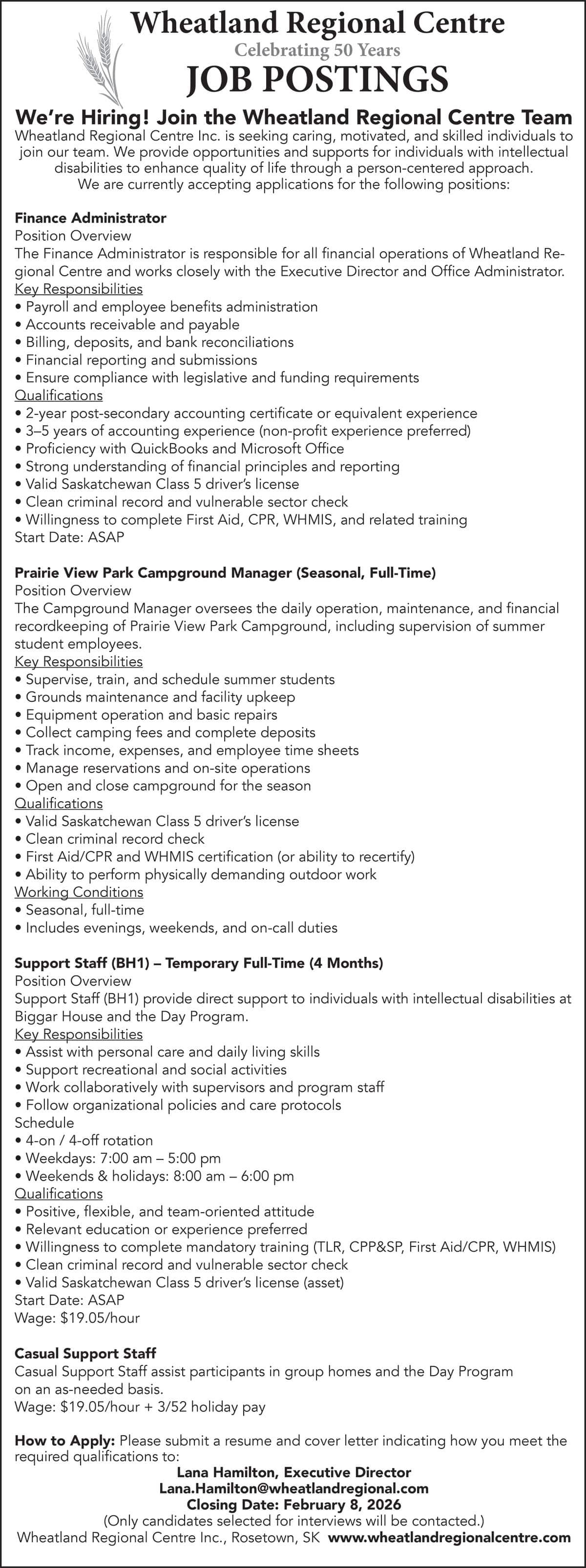 Wheatland Regional Centre Celebrating 50 Years JOB POSTINGS