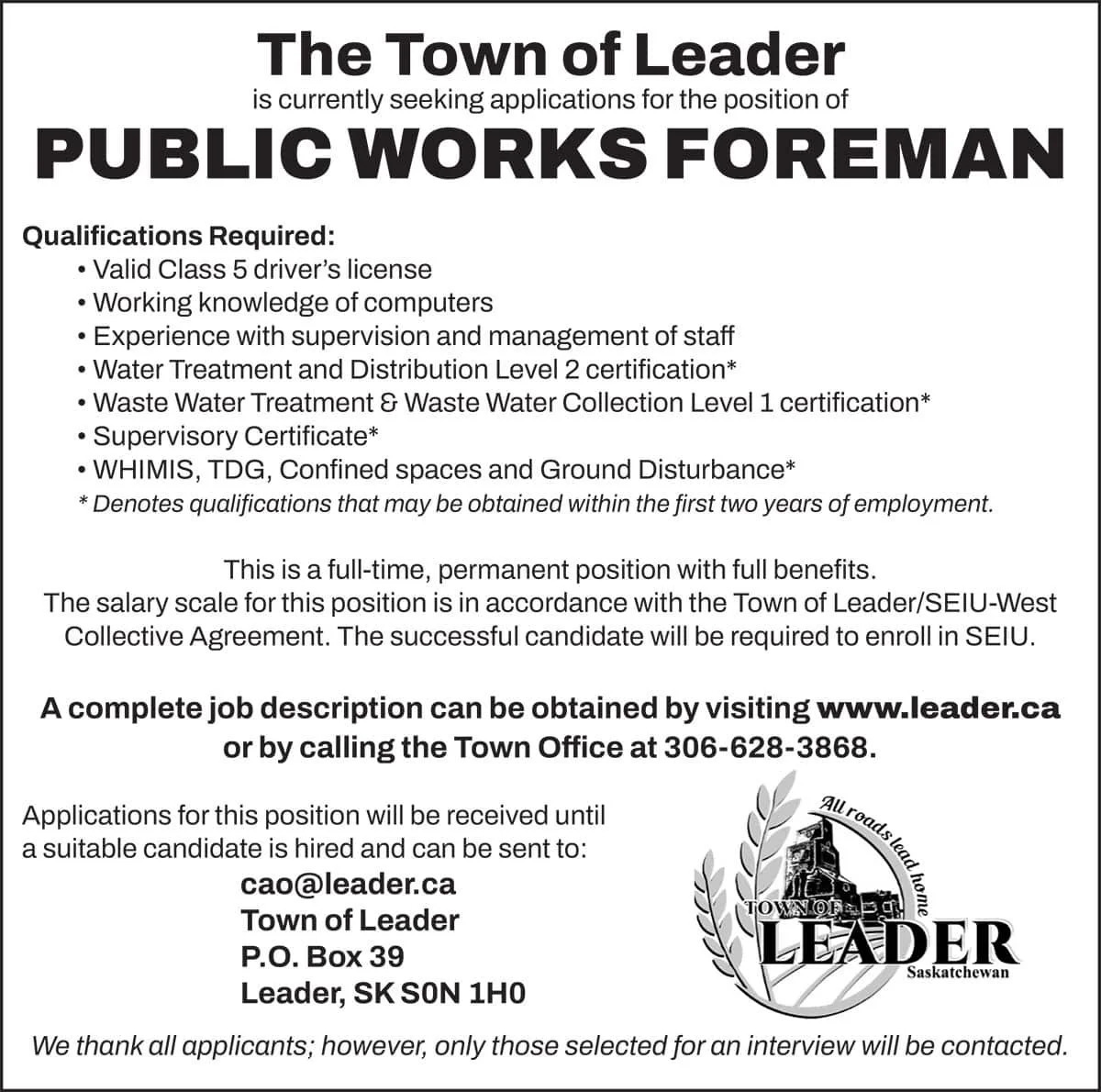 Town of Leader PUBLIC WORKS FOREMAN