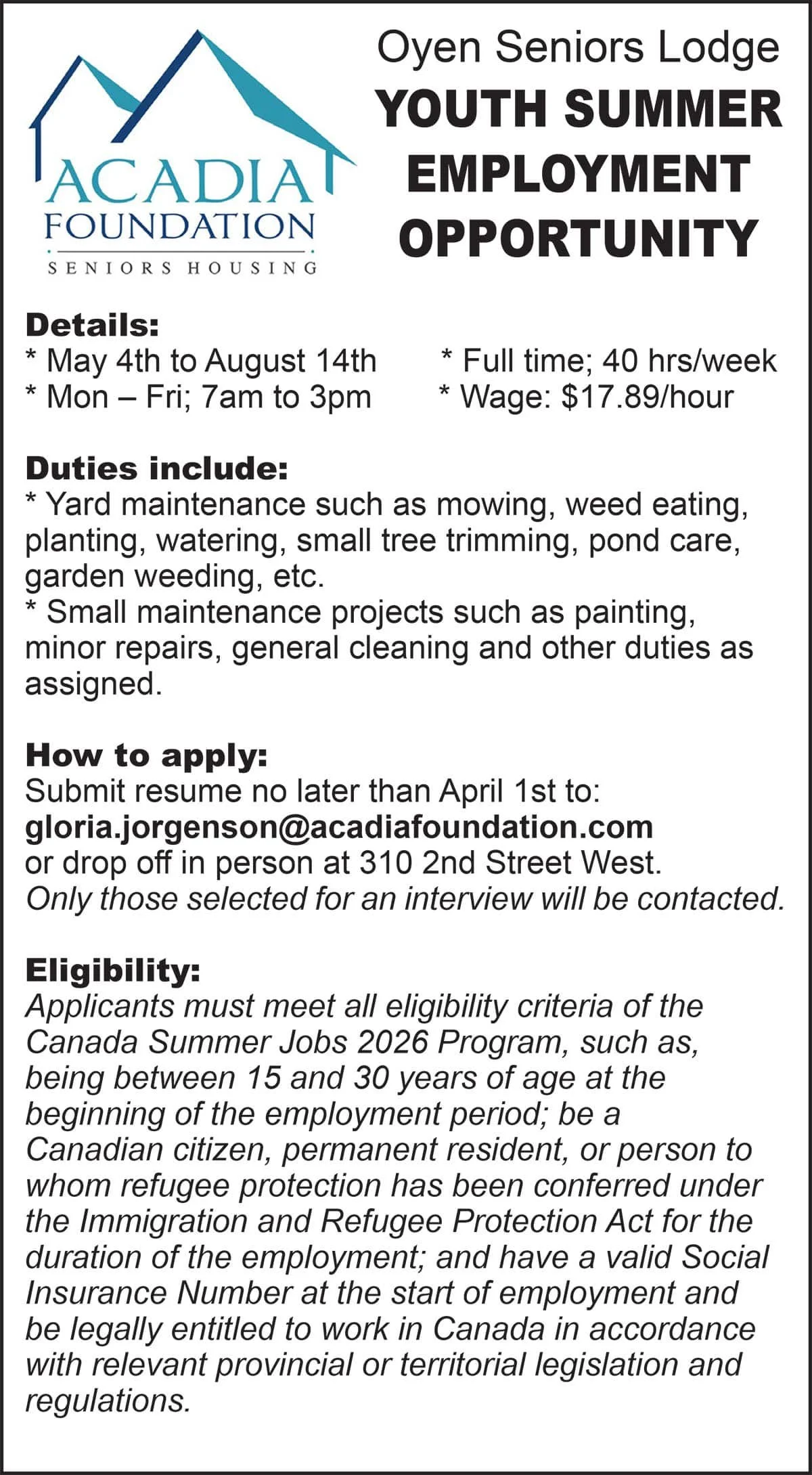 Acadia Foundation Seniors Housing: Oyen Seniors Lodge Youth Summer Employment Opportunity