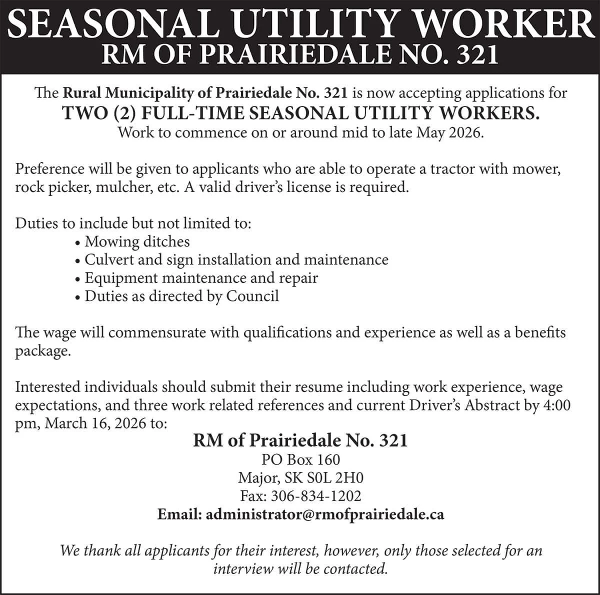 SEASONAL UTILITY WORKER RM OF PRAIRIEDALE NO. 321