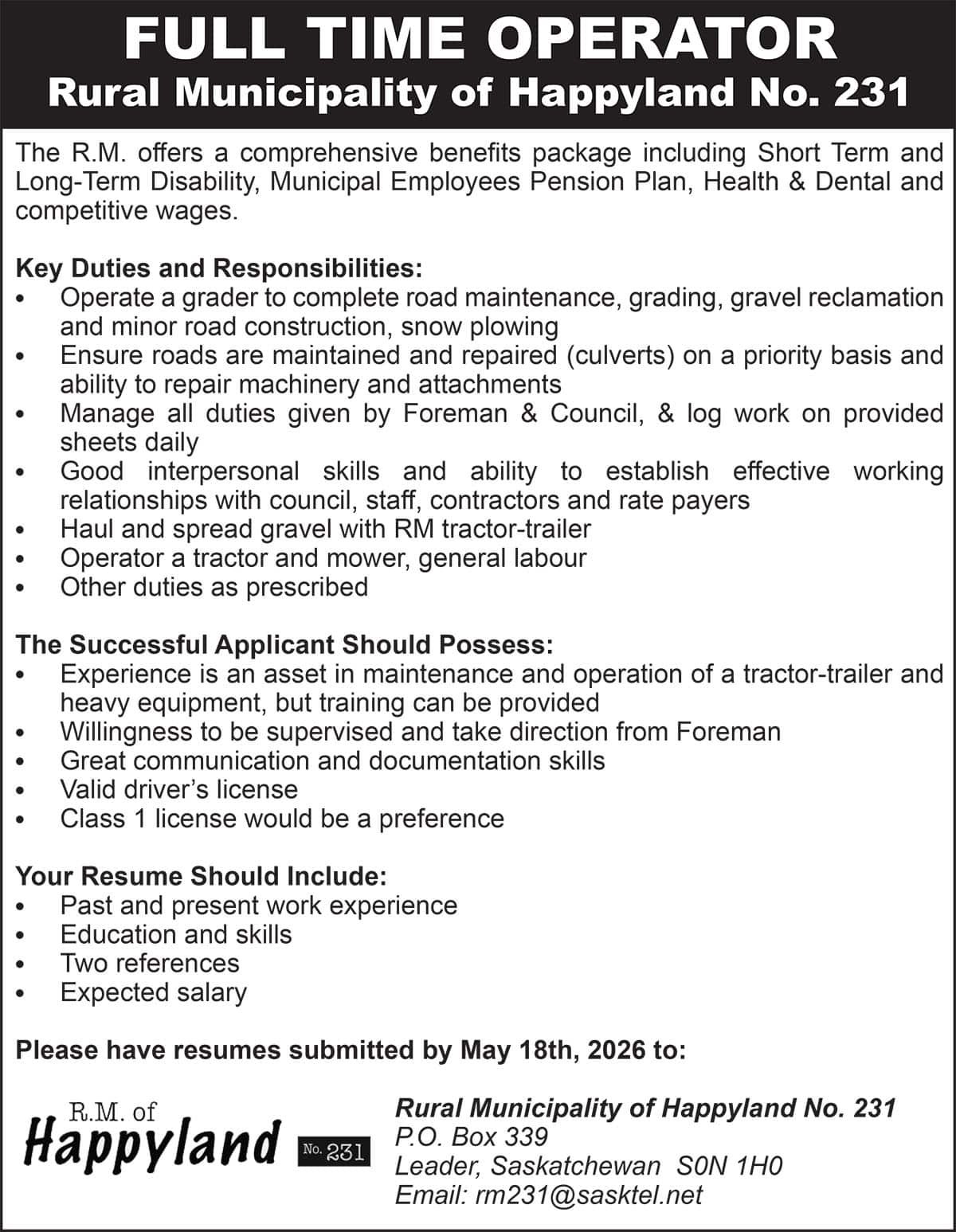 FULL TIME OPERATOR Rural Municipality of Happyland No. 231