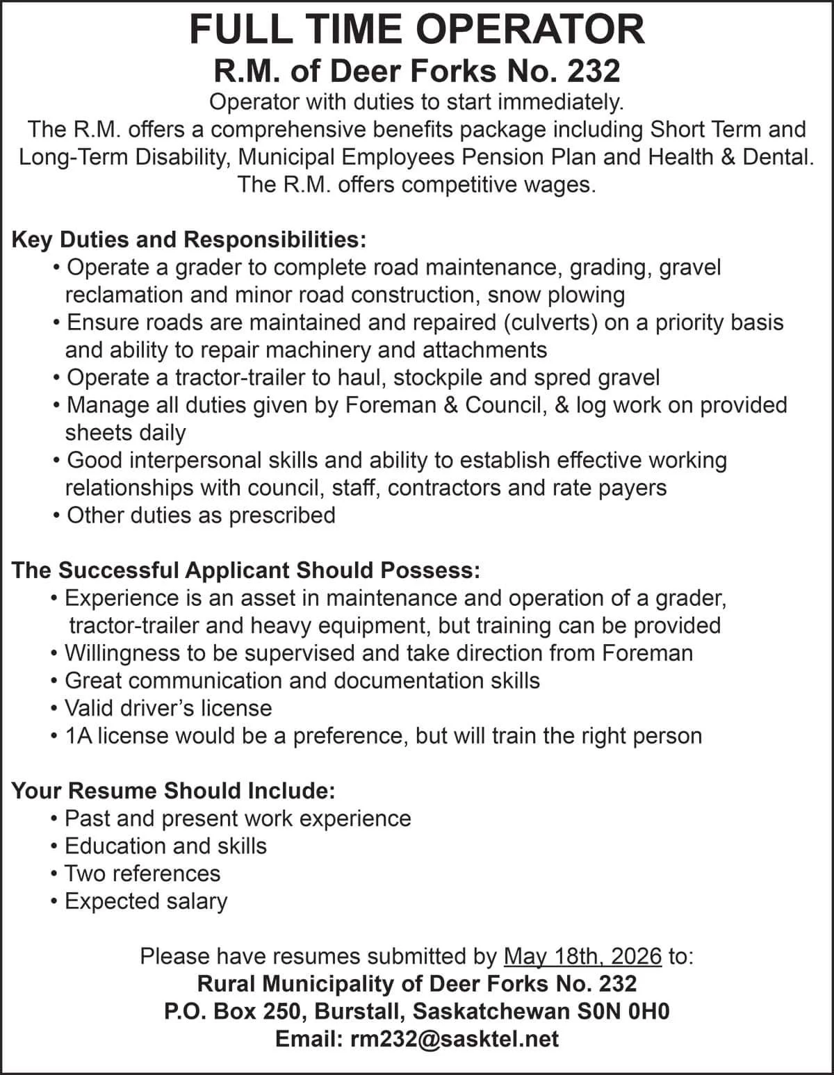 FULL TIME OPERATOR R.M. of Deer Forks No. 232