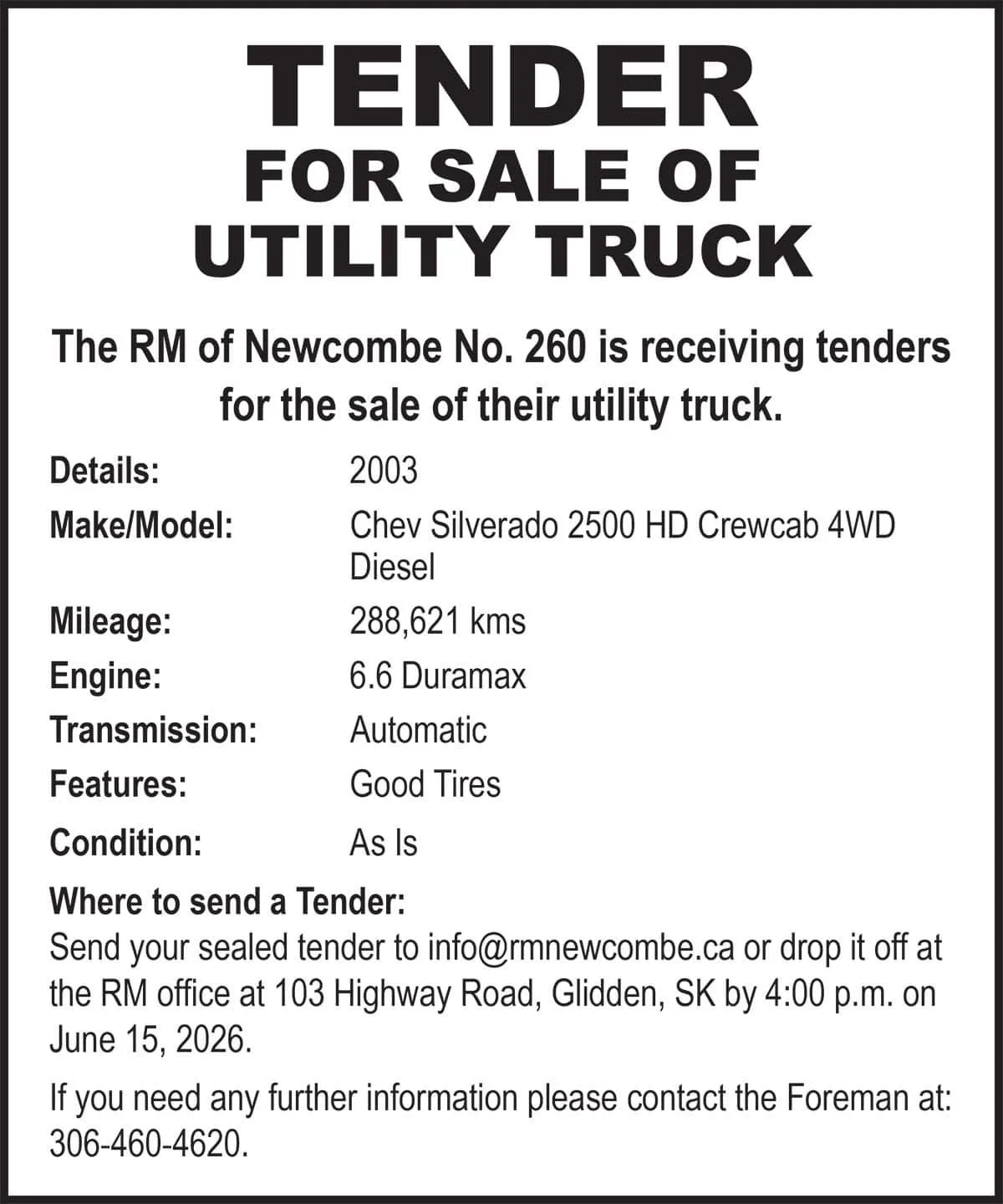 TENDER FOR SALE OF UTILITY TRUCK