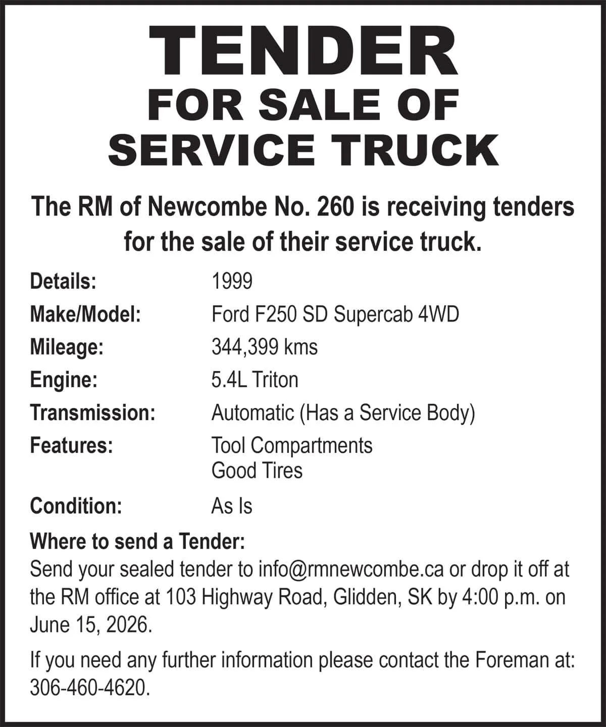 TENDER FOR SALE OF SERVICE TRUCK