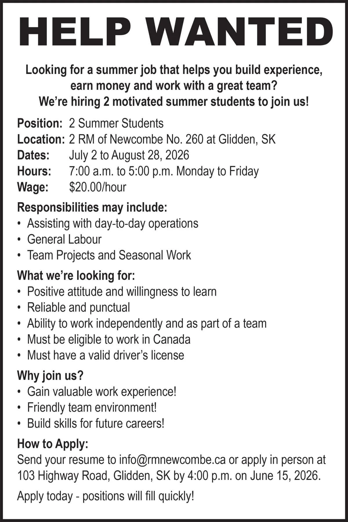 HELP WANTED RM of Newcombe 2 Summer Students