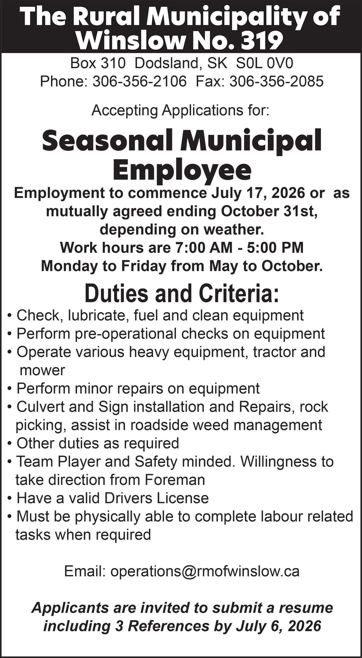 The Rural Municipality of Winslow No. 319 Seasonal Municipal Employee