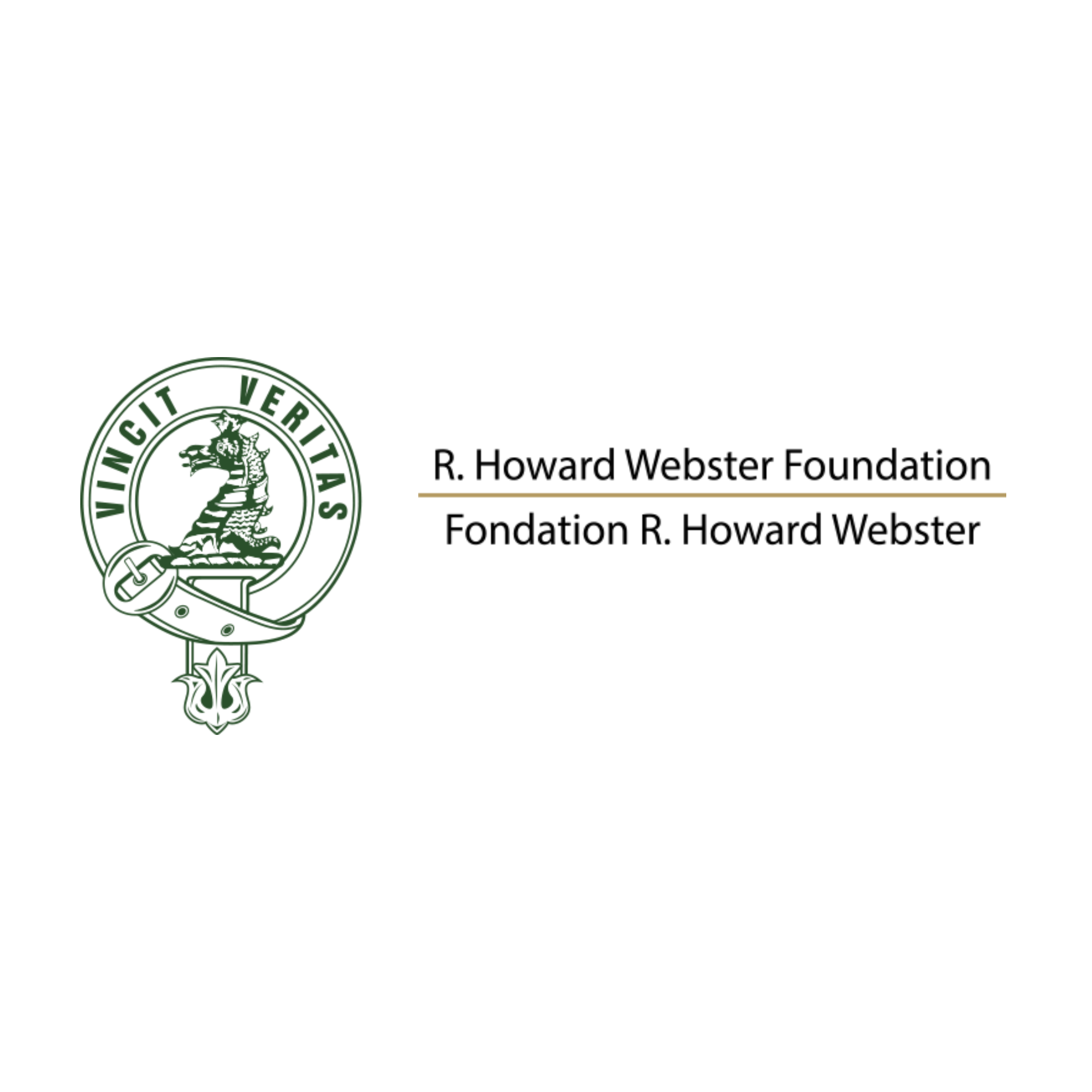 Logo de la Fondation R. Howard Webster, montrant un emblème héraldique vert avec la devise « Vincit Veritas » à gauche et le nom de la fondation en anglais et en français à droite