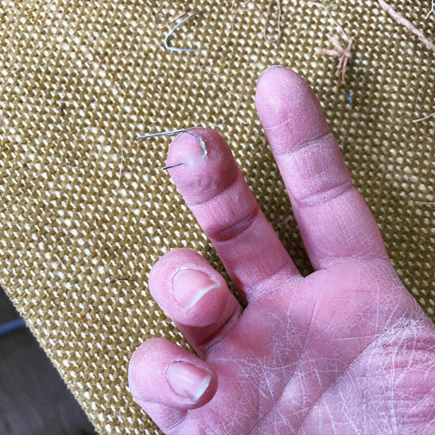 When you&rsquo;re stripping out chairs and you use your hand and not a brush to wipe away the debris #schoolgirlerror #upholstery #upholsteryworkshop #traditionalupholstery #firstaidkit #staples #chairs #ouch #myrepairshop #dryhands #workinghands #ha