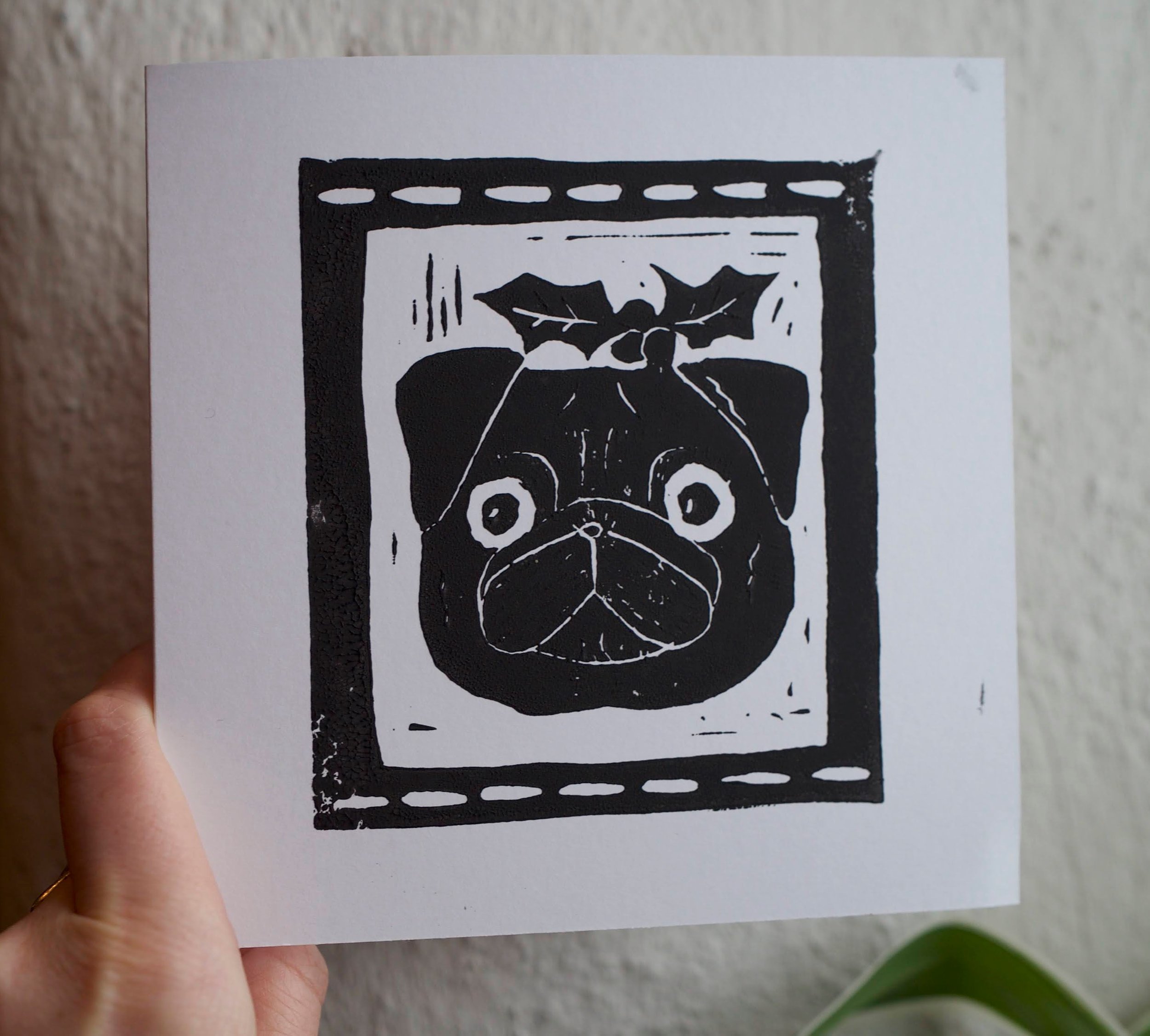 Hand printed lino print christmas card christmas puggin (Copy)