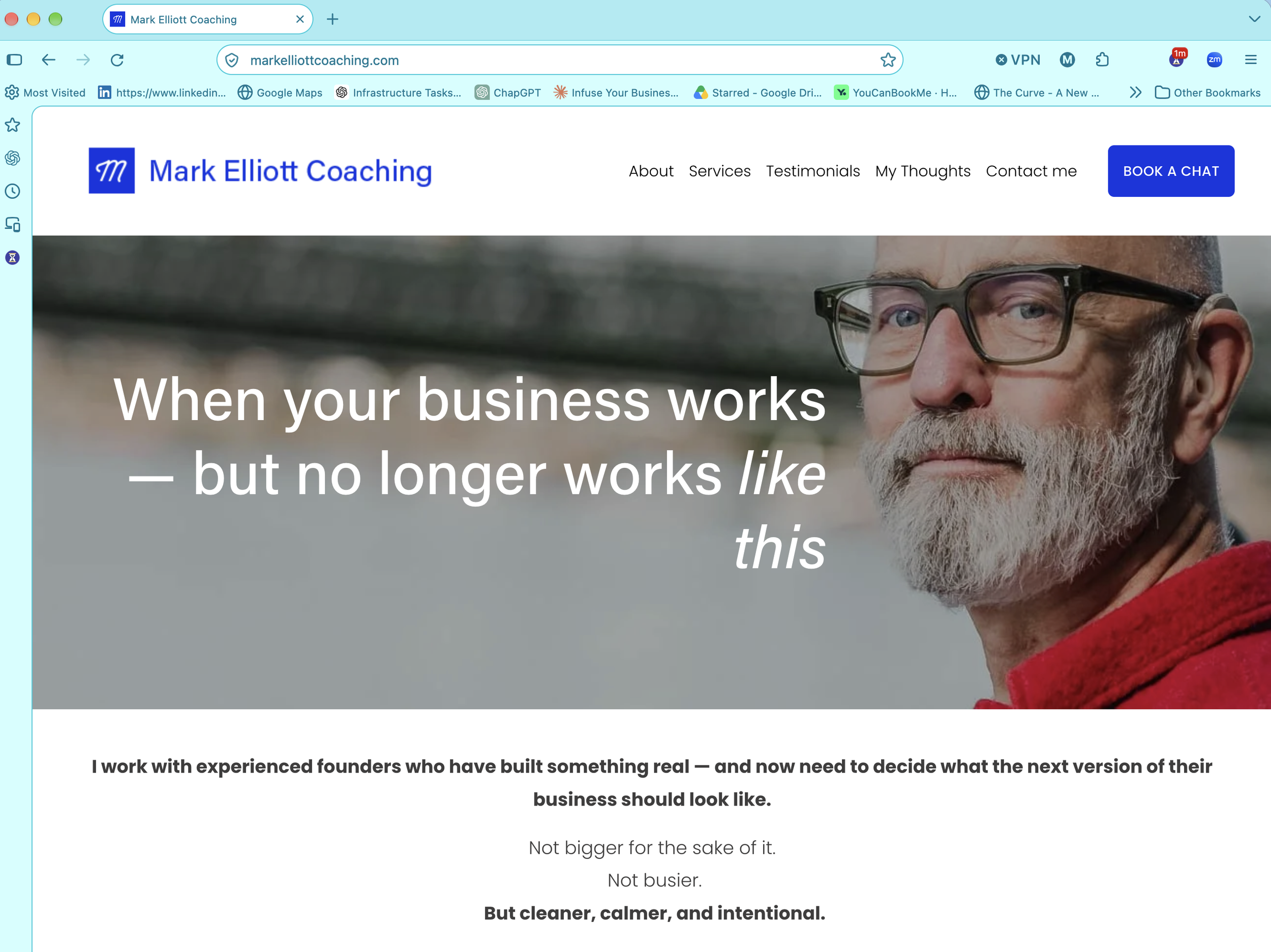 A screen shot of the MarkElliottCoaching.Com website, shown in FIrefox Mozilla Browser, with tabs of other useful tools