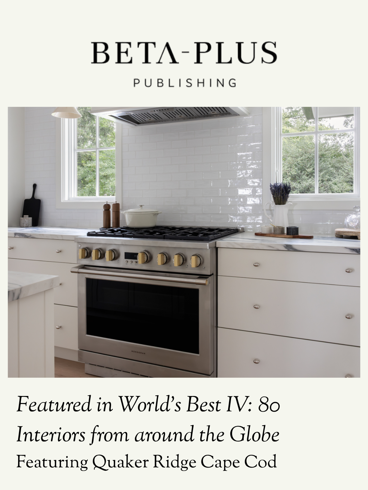 Modern kitchen with white cabinetry, a stainless steel gas stove, white subway tile backsplash, and windows with greenery outside.
