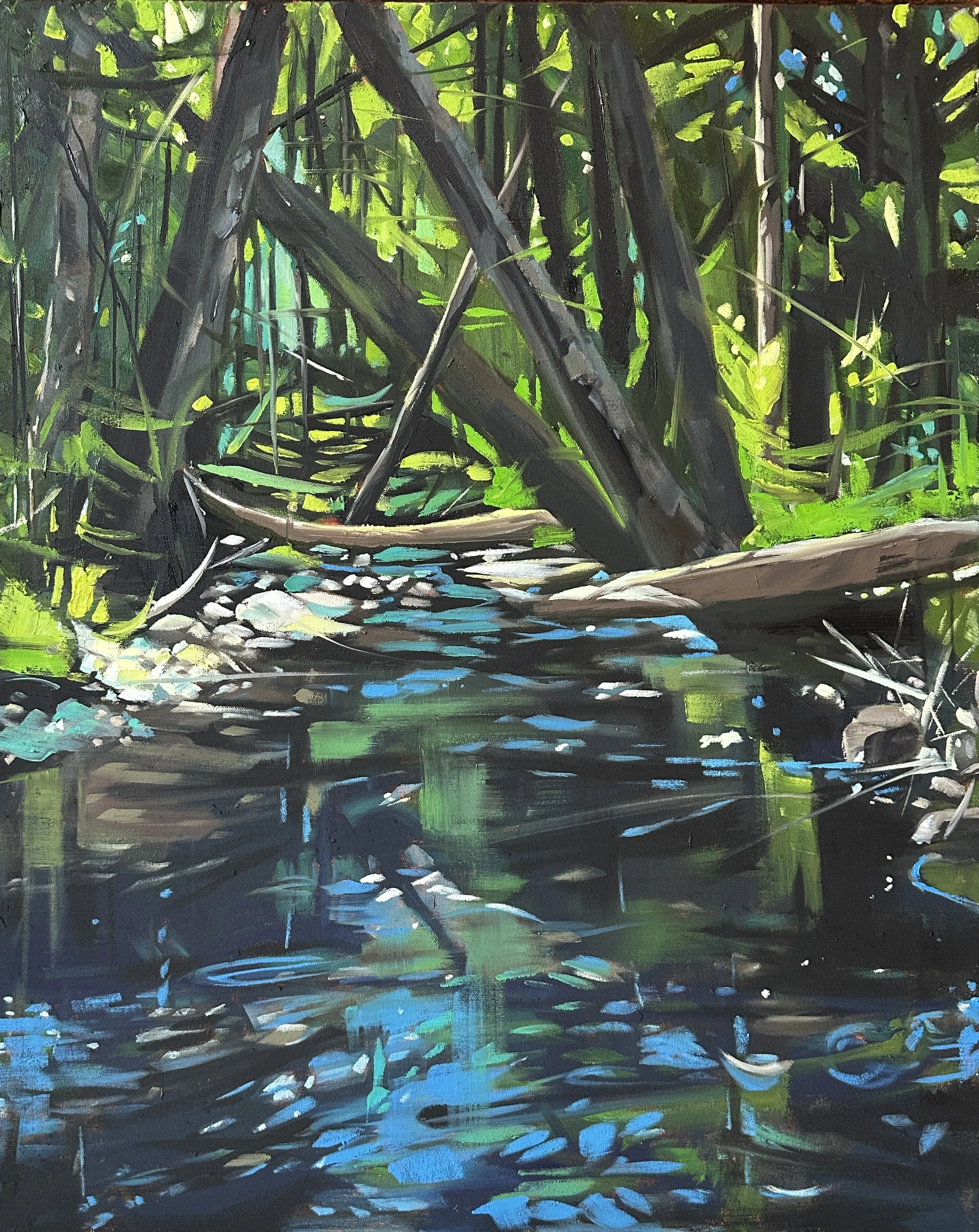 Sunlit Stream. O/c 30" x 24" $2500. Available at Littlefield Gallery