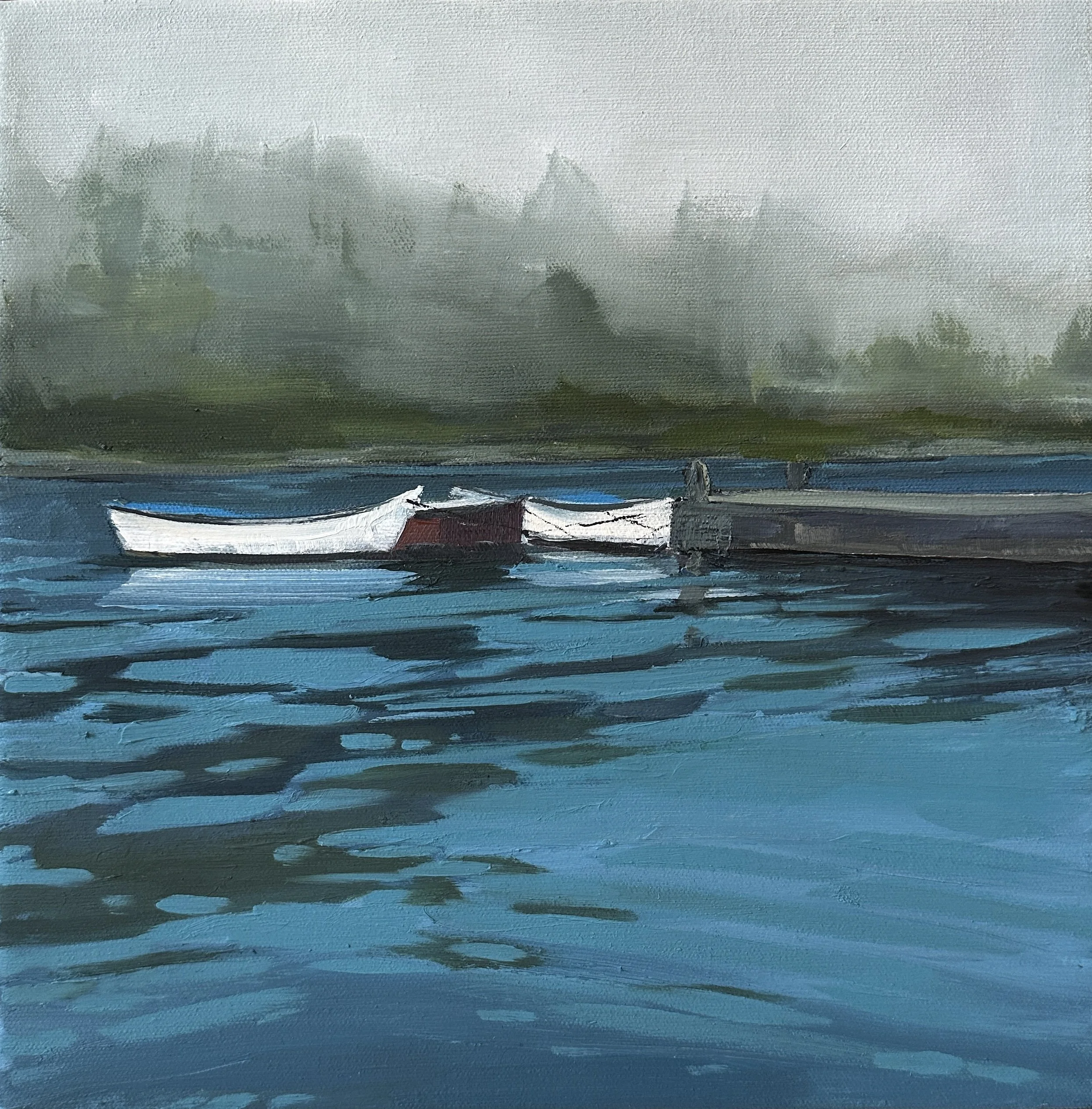 SOLD. Winter Harbor Morning 12" x 12" O/c. $1,000 Available at Littlefield Gallery