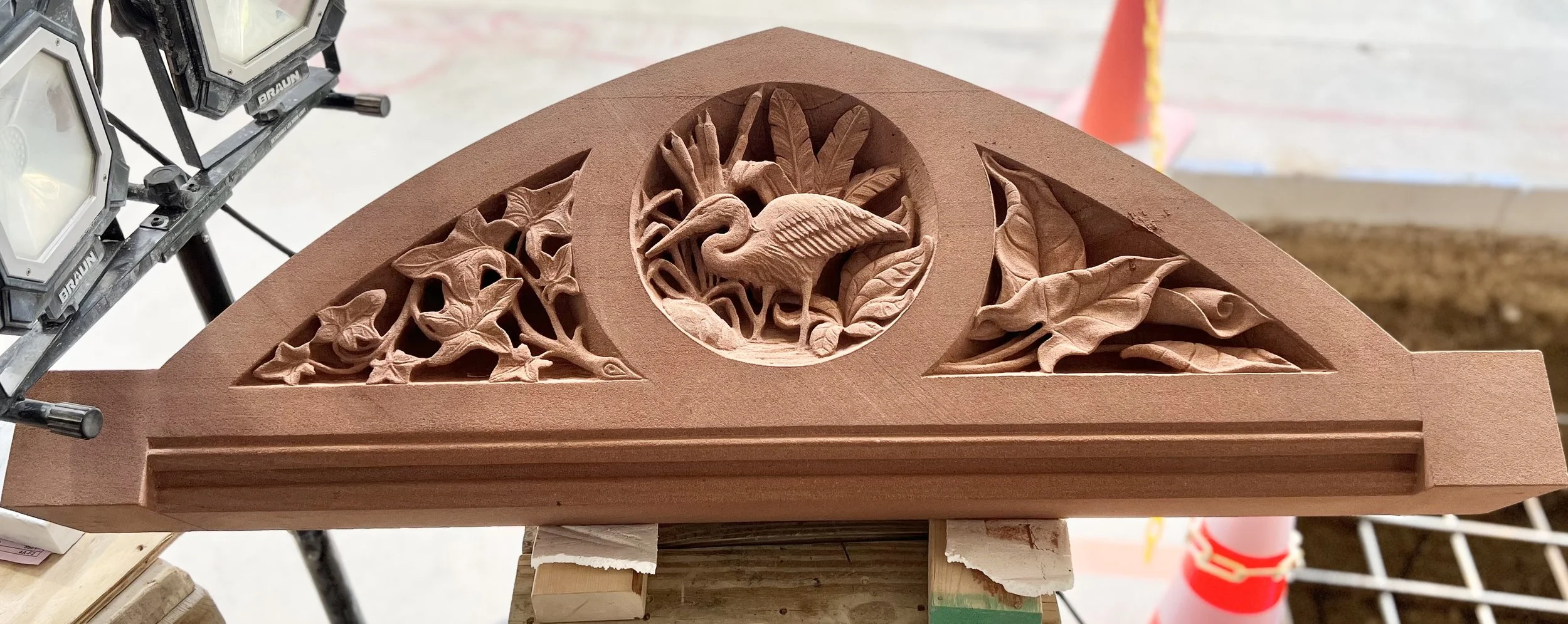 Tim Lehmann National Arts Club pediment, Scottish sandstone