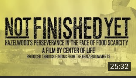 NOT FINISHED YET is centered around the food heritage of Hazelwood, including periods of food scarcity and abundance. While many of Hazelwood's services have been taken away, the community continues to stay strong and push for change. As