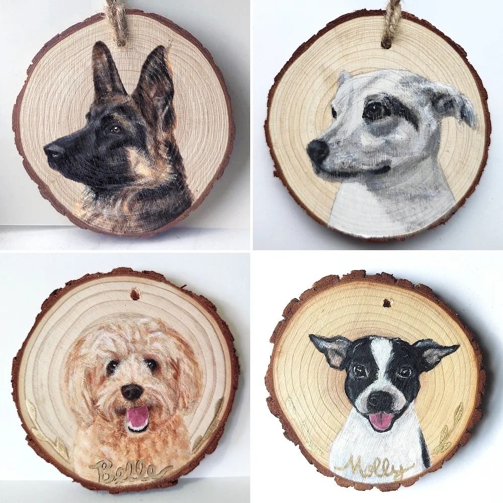 #throwbackthursday to some of my favorite commissioned ornaments 🐾
.
.
.
.
.
#artistsofphoenixville #petpainting #artcommission #giftideas #fathersdaygifts #dogportrait #dogpainting #petornaments