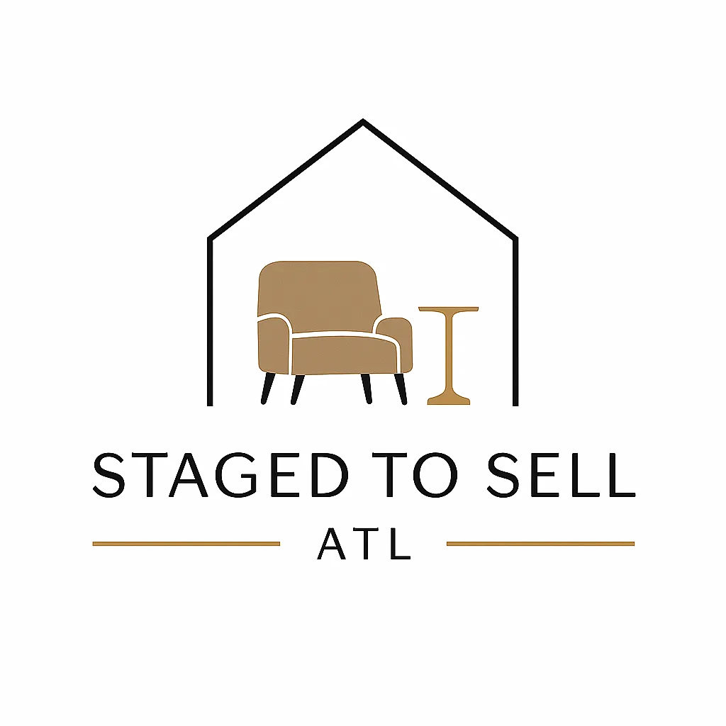 Logo with a house outline, a beige armchair, and a gold side table, with the text "STAGED TO SELL ATL" underneath.