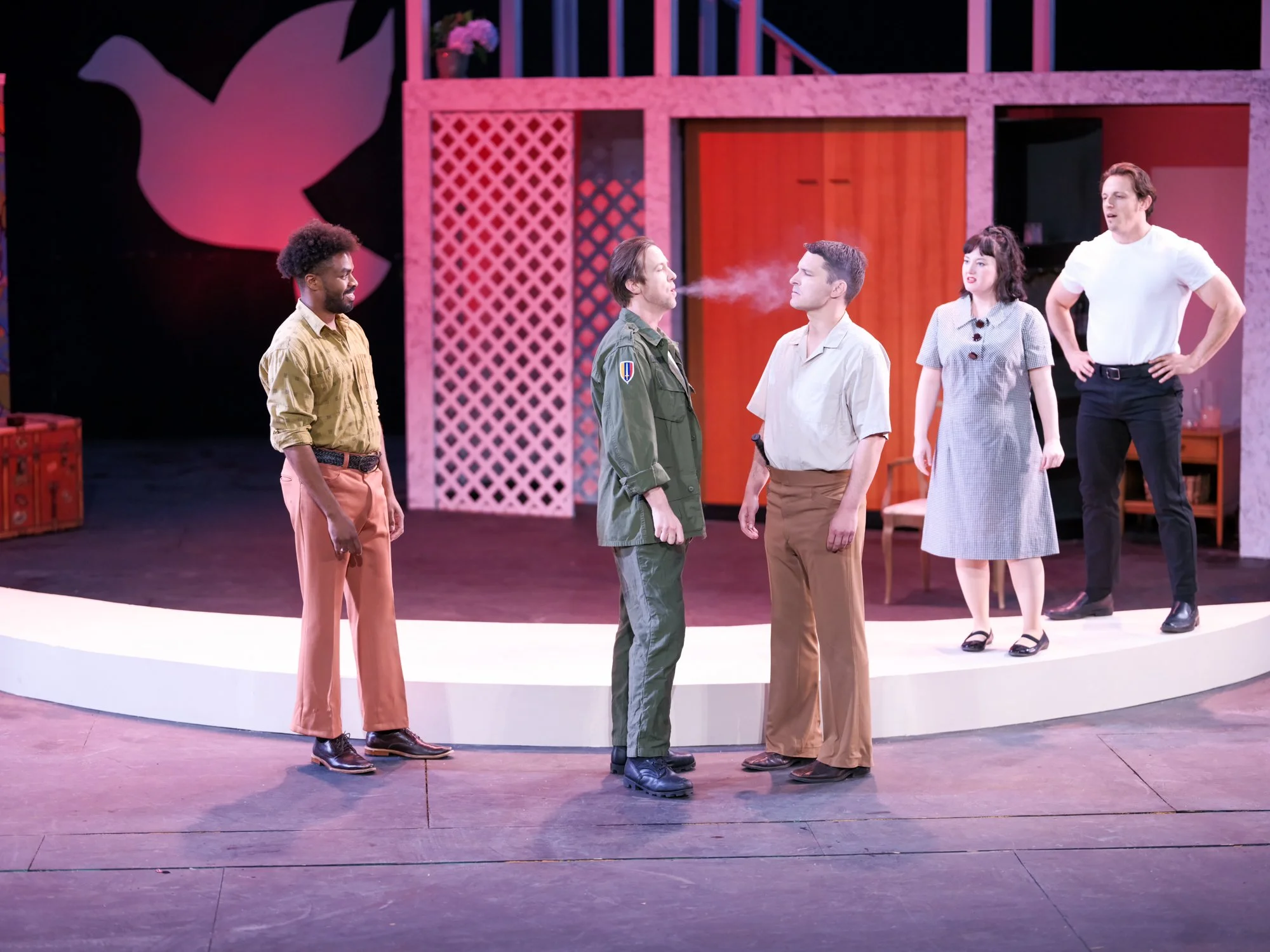 L/R: Jared Walters as Benvolio, J. Matthew Gordon* as Mercutio, Will Livingston as Tybalt, Natalie Farrell as Georgina, and Gabriel Sanders as Sampson (*member, Actors' Equity Association)