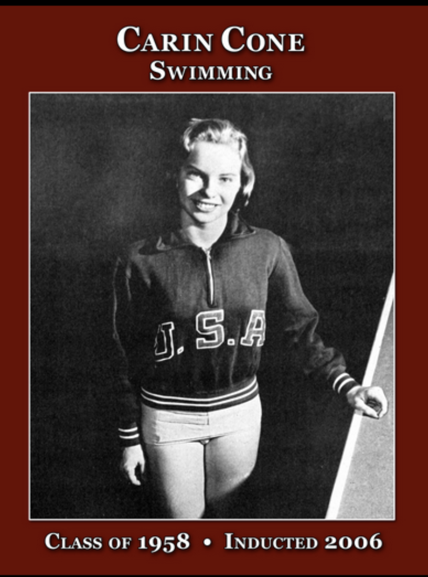 For five years, she reigned supreme among the country’s backstroke swimmers, winning 16 national titles from 1955 to 1960. At age 16 Carin won a Silver medal in the 100-meter backstroke in a dead-heat, world-record-time photo finish in the 1956 Olympic Games in Melbourne, Australia, a controversial decision that took officials 20 minutes to sort out. The pretty blonde held four world records and 23 American standards. Carin scored several victories in the Pan Am Games (2 golds in 1959, backstroke and 400 medley relay) and AAU Nationals (three Junior and 16 Senior). Ridgewood had no swimming team so she trained on her own before school at Graydon Pool (the Village erected turning boards to help her) and at the National Swimming Association facility in Manhattan after school. Her mother, Ruth Cone, taught school in Ridgewood for 27 years.Carin was inducted into the International Swimming Hall of Fame as an Honor Swimmer in 1984. She was a Dean’s List student at both the University of Houston and the University of Maryland, where she transferred to be closer to home, and has a master’s degree from the University of Alaska, where her husband's military assignment took them. She retired from competitive swimming in 1960 and married West Point football co-captain and All-American guard Al Vanderbush in 1962. On his third tour at West Point, Al became Deputy Athletic Director (1984-90) and Athletic Director (1990-99) at the U.S. Military Academy. Carin taught kindergarten at West Point Elementary School for 18 years. They have two grown sons. She is pictured here with her Silver medal.