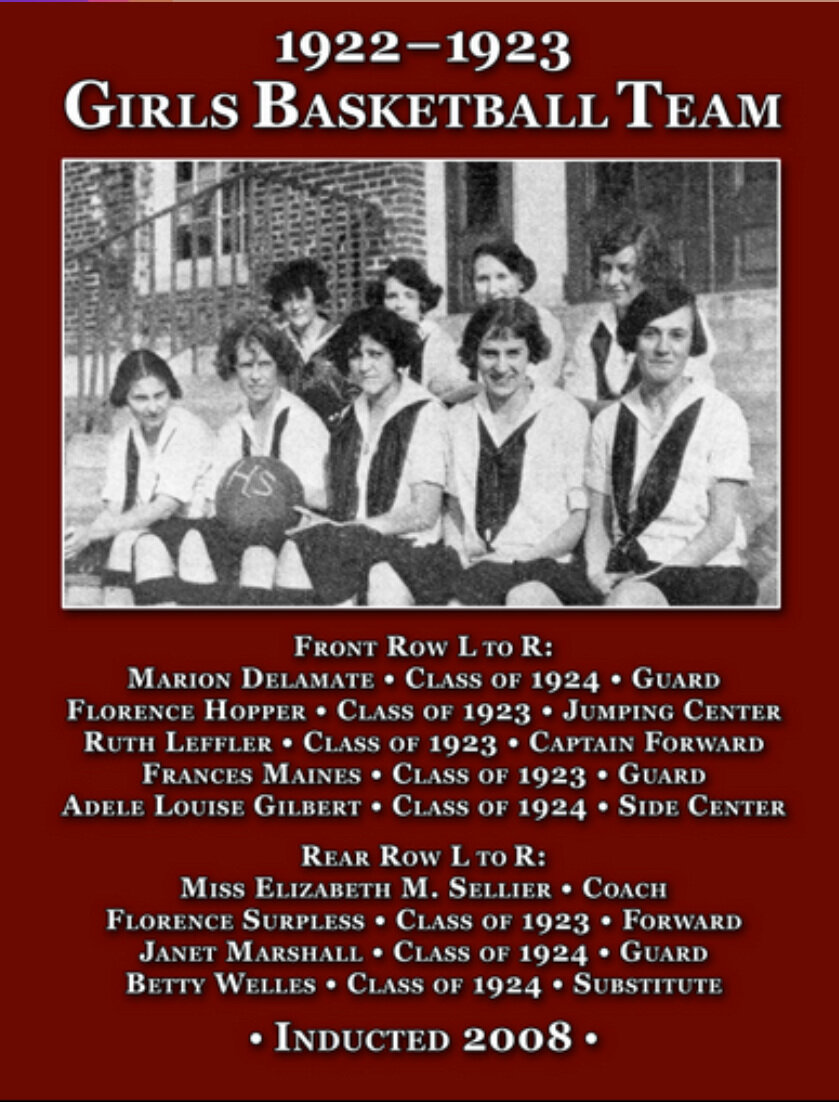 The 1922-23 Ridgewood High School girls basketball team is the first team to be inducted into the RHS Athletic Hall of Fame. The team was formed in 1919 as the first girls varsity sport offered at RHS. Entering the 1922-23 season, there was some speculation whether the program would be continued. The boys athletic program was just authorized to include soccer and cross country as varsity sports, which gave the boys of the time six sports (football, cross-country, soccer, basketball, baseball, track and field) in which to earn their varsity “Rs” compared to one (basketball) for the girls. Under the direction of faculty member Miss Elizabeth M. Seller, the girls basketball team enjoyed a spectacular season with 10 wins, one loss and one tie while capturing the Northern New Jersey Interscholastic League Girls Basketball Championship. There was anticipation for this team to succeed. Their accomplishment was a stepping-stone for the time that led to more interscholastic sports teams for girls in the 1920s. The team was written up in the bulletin issued by the State Commissioner of Education and the spring issue of the Arrow quarterly at RHS (1923) was dedicated to its success. The team’s prized “Shield” recognizing the team’s championship can still be seen outside Ridgewood High School’s main gymnasium today.