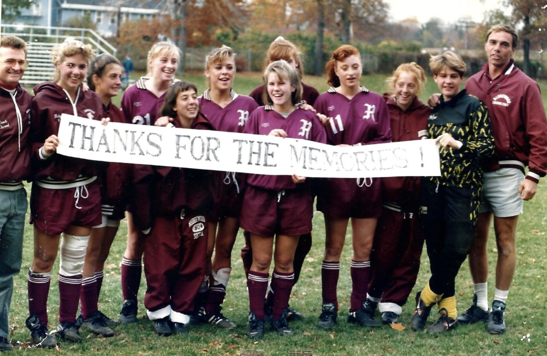 1990 Girls’ Soccer TeamAfter capturing the league championship at in a hard-fought match at Montclair 1-0. It was also the last game of the season, thus the little sign. The girls in the photo were the seniors on the team playing in their last match at RHS.