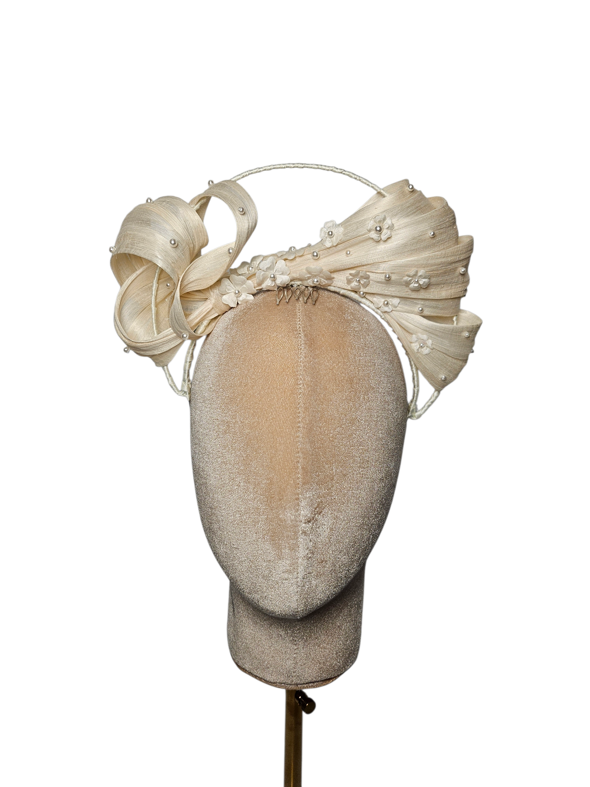 Cream silk abaca headband with pearls and flowers