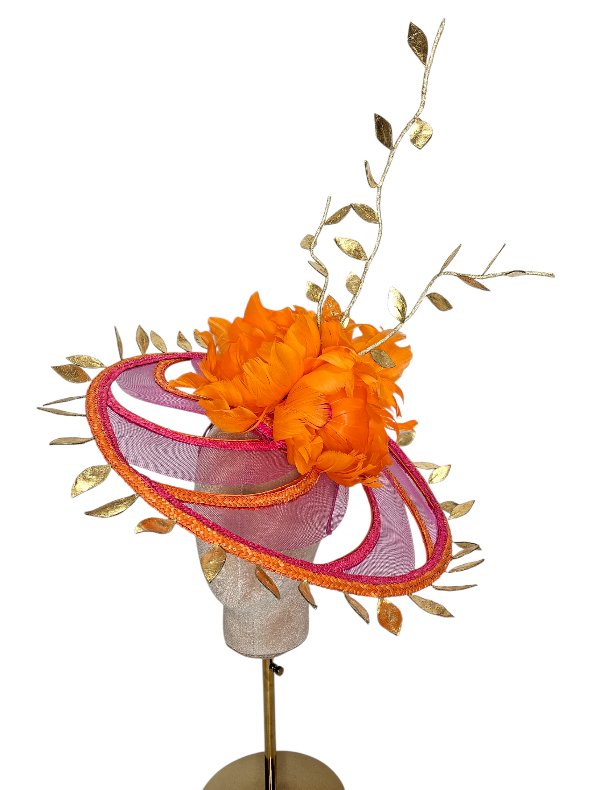 Large pink and orange show stopper hatinator, with gold trim