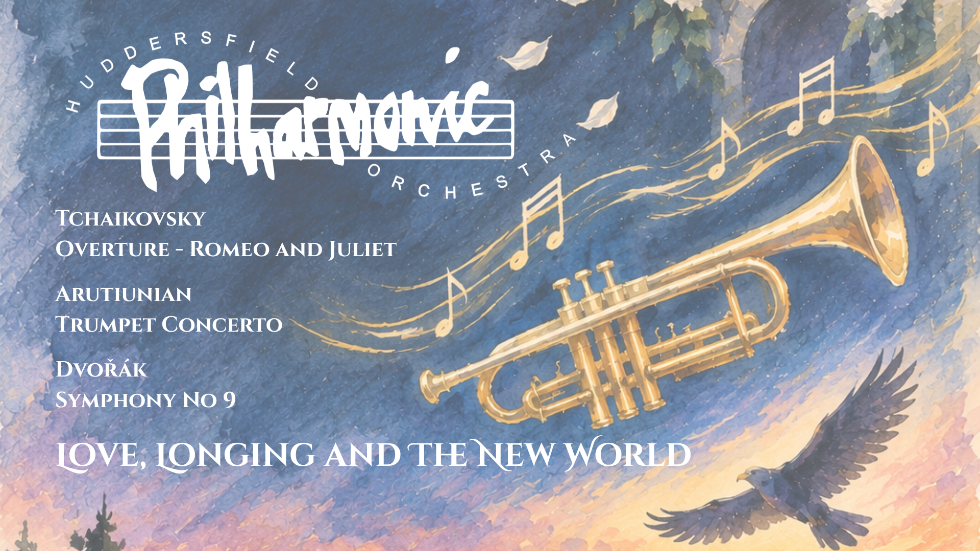 Love, longing and the new world - concert marketing imagery showing a trumpet in the foreground and an eagle over mountains. in the background.