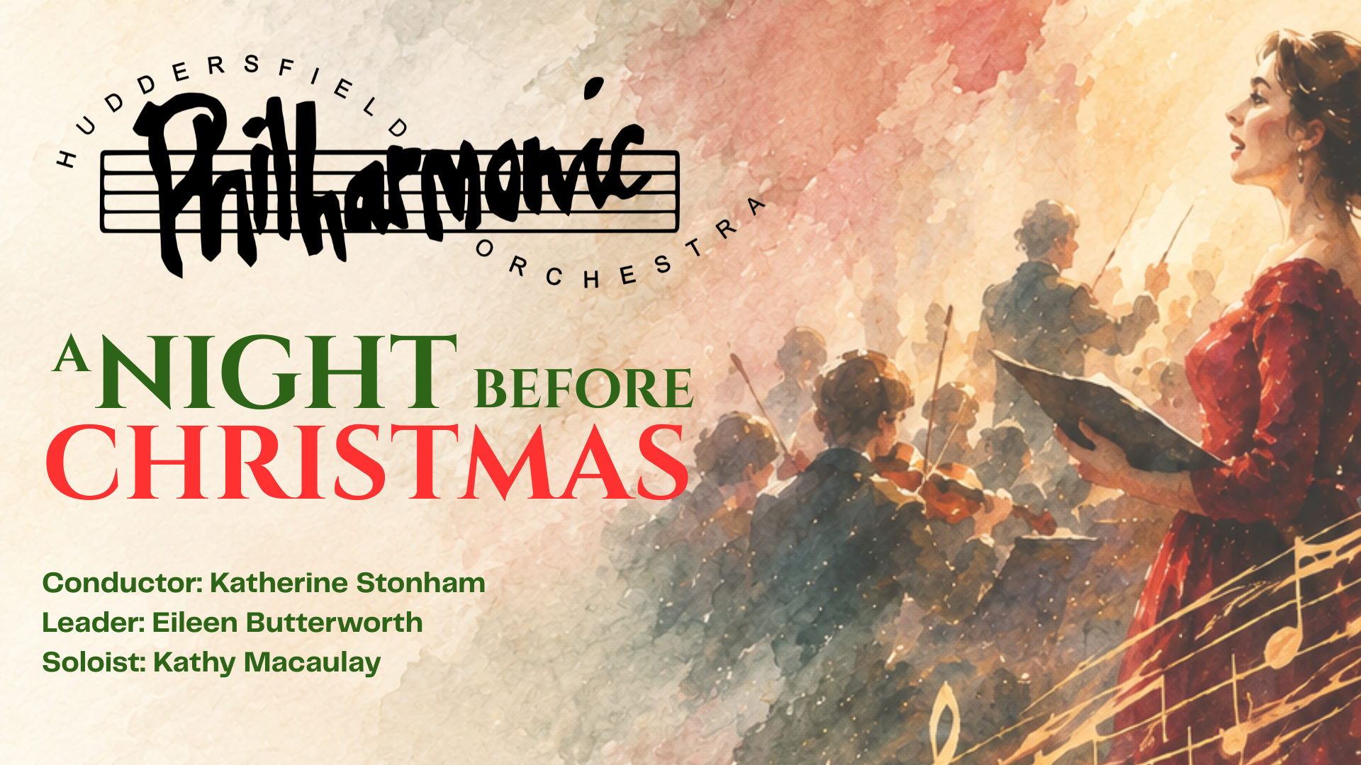 Concert imagery for A Night before Christmas, showing a soprano singing next to an orchestra.
