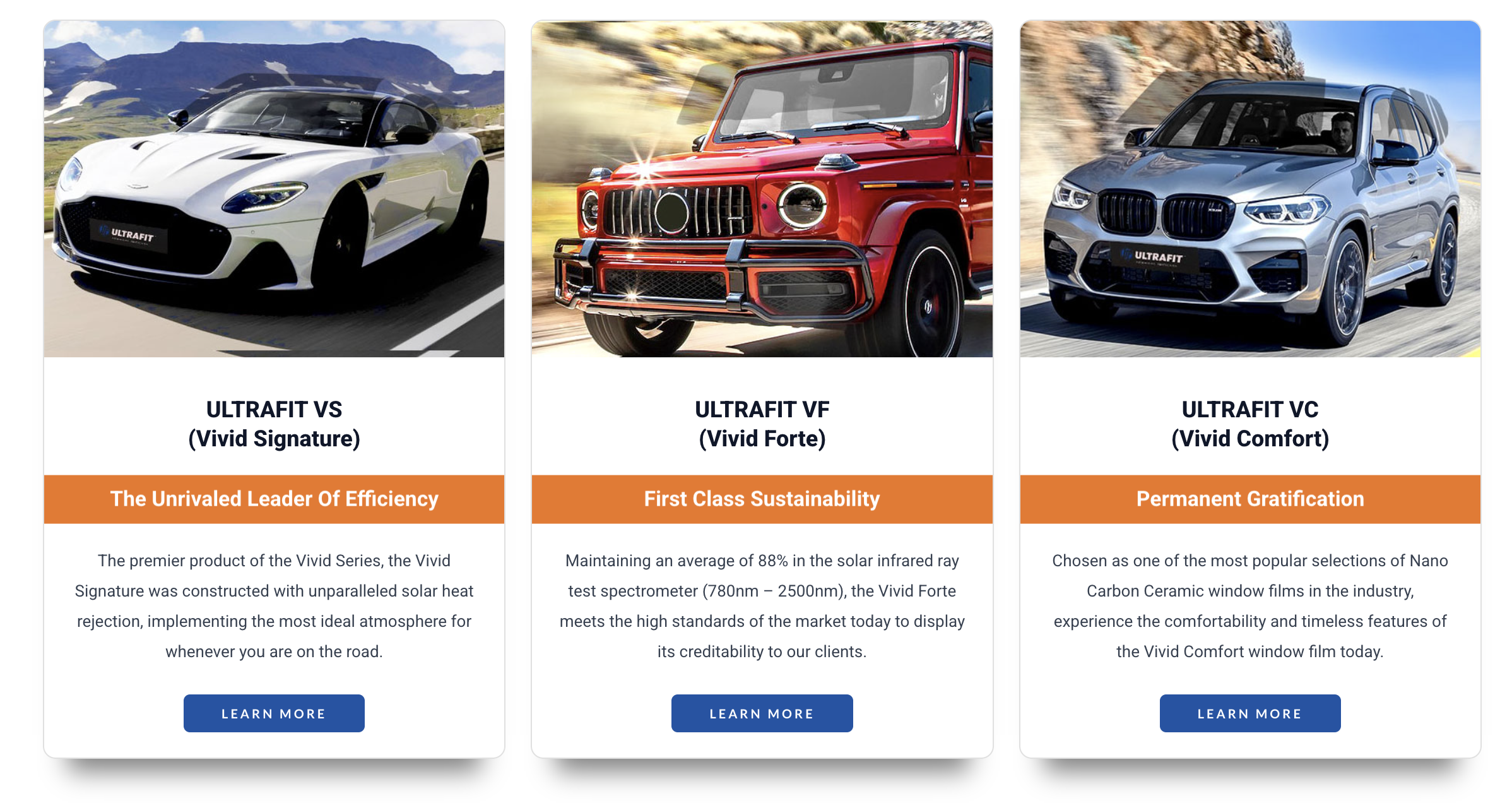 Three cars on a road, from left to right: a white sports car, a red vintage SUV, and a silver modern SUV, with mountains and a clear sky in the background.