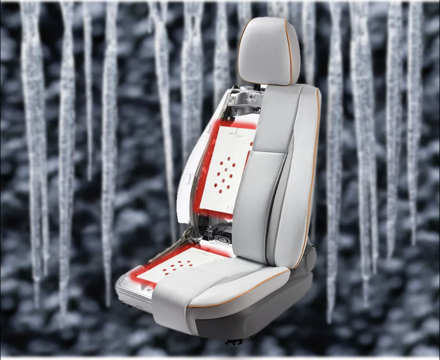 A car seat with a transparent panel showing a red laser measurement system inside, set against a background of barbed wire.