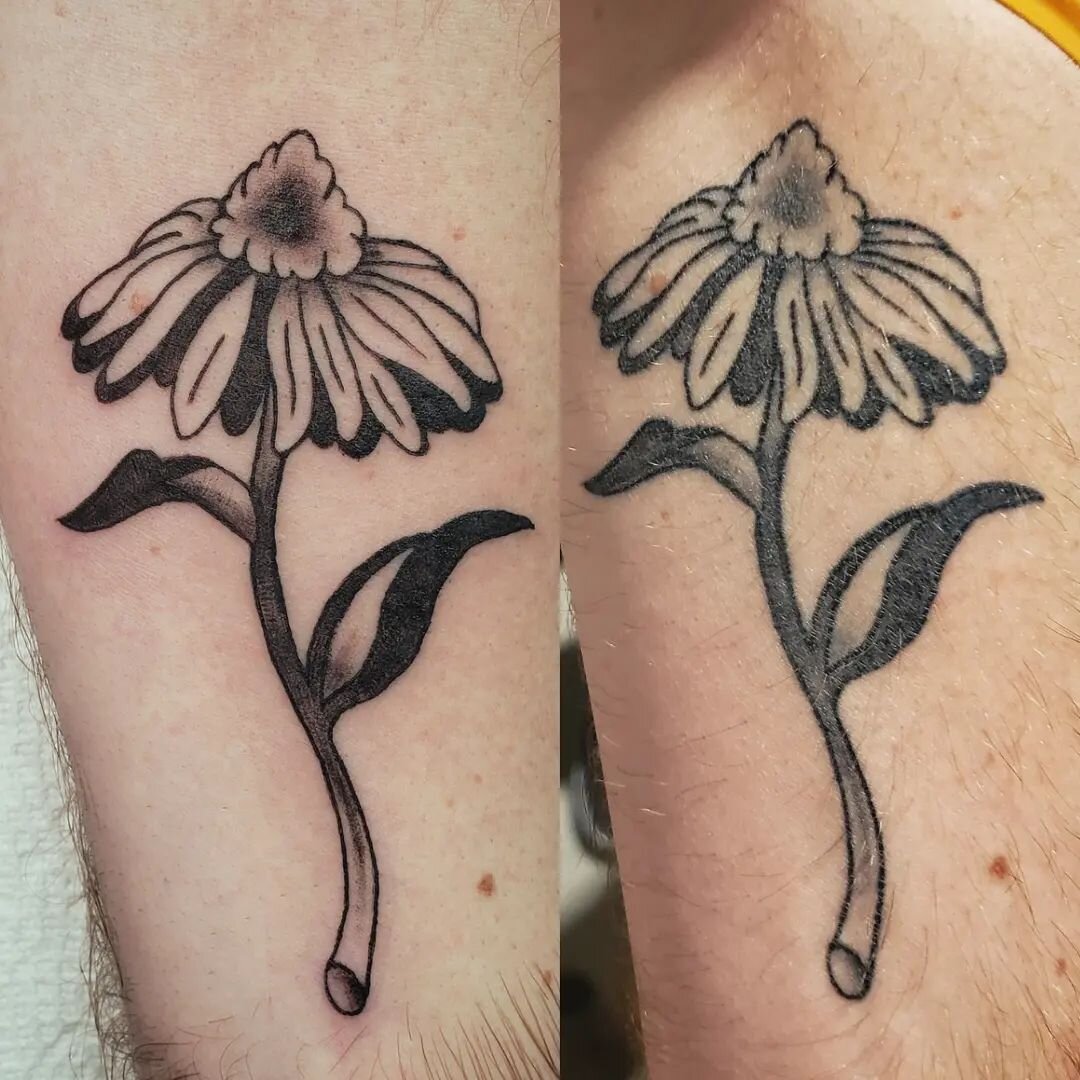 Fresh vs healed. This is my 12th tattoo ever and it is healed one month 🏵 I did my first tattoo on someone else January 6th of this year... so about a month and a half in to tattooing, I'm pretty happy with how things are progressing.
.
.
#12thtatto