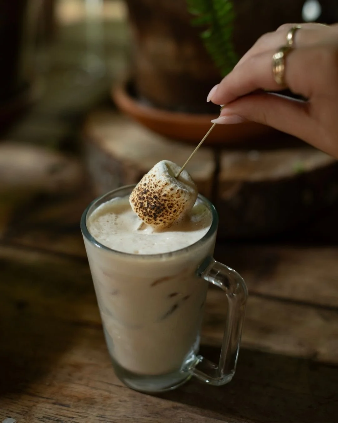 A hand with gold rings holding a skewer with a toasted marshmallow over a glass mug of iced, frothy coffee.