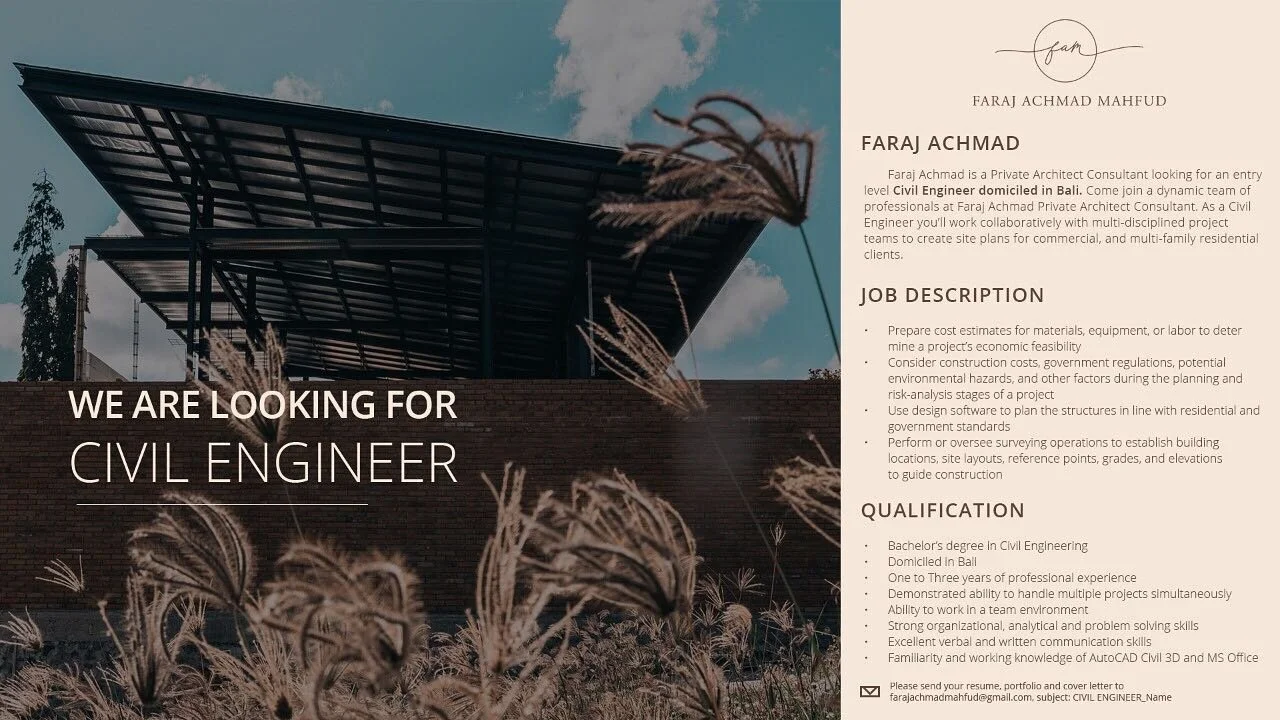 We are looking for civil engineer.

Drop ur CV to farajachmad.com

#bali #architecture #civilengineering #bali #indonesia #jobvacancy #recruitment