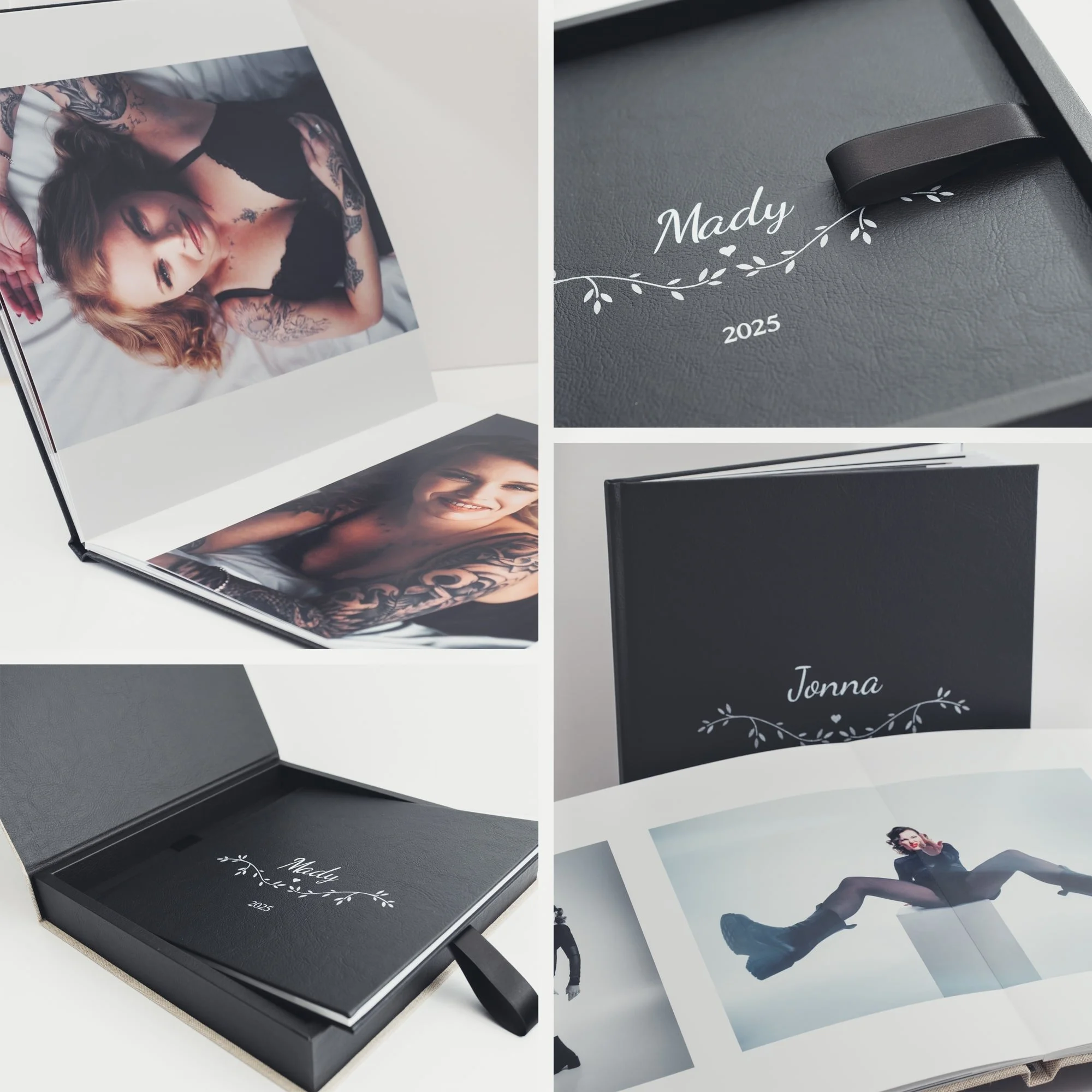 Handgjort fotoalbum i svart konstläder för boudoir-fotografering