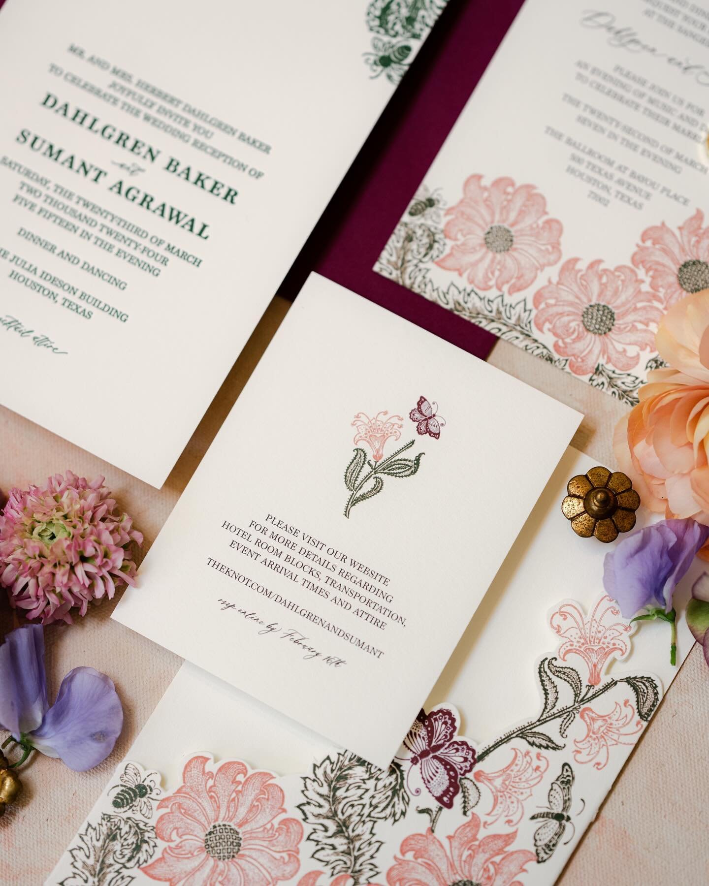 Drawing inspiration from collected Italian paper during their family travels, and further influenced by their love of old world charm, the historical feel of their wedding venue, and a rich, jewel-tones color palette, this invitation suite is one of 
