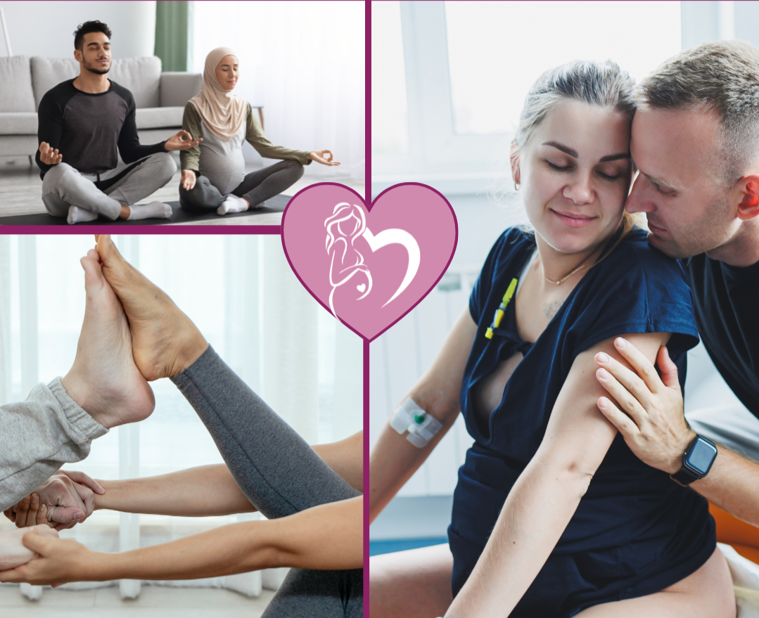 Collage of three images related to healthcare and wellness. Top left: Two people meditating on a yoga mat in a living room. Bottom left: A person receiving physical therapy or massage, with hands guiding on their arm and foot. Right: A healthcare professional administering a vaccine or injection to a woman, with a caring moment between them.