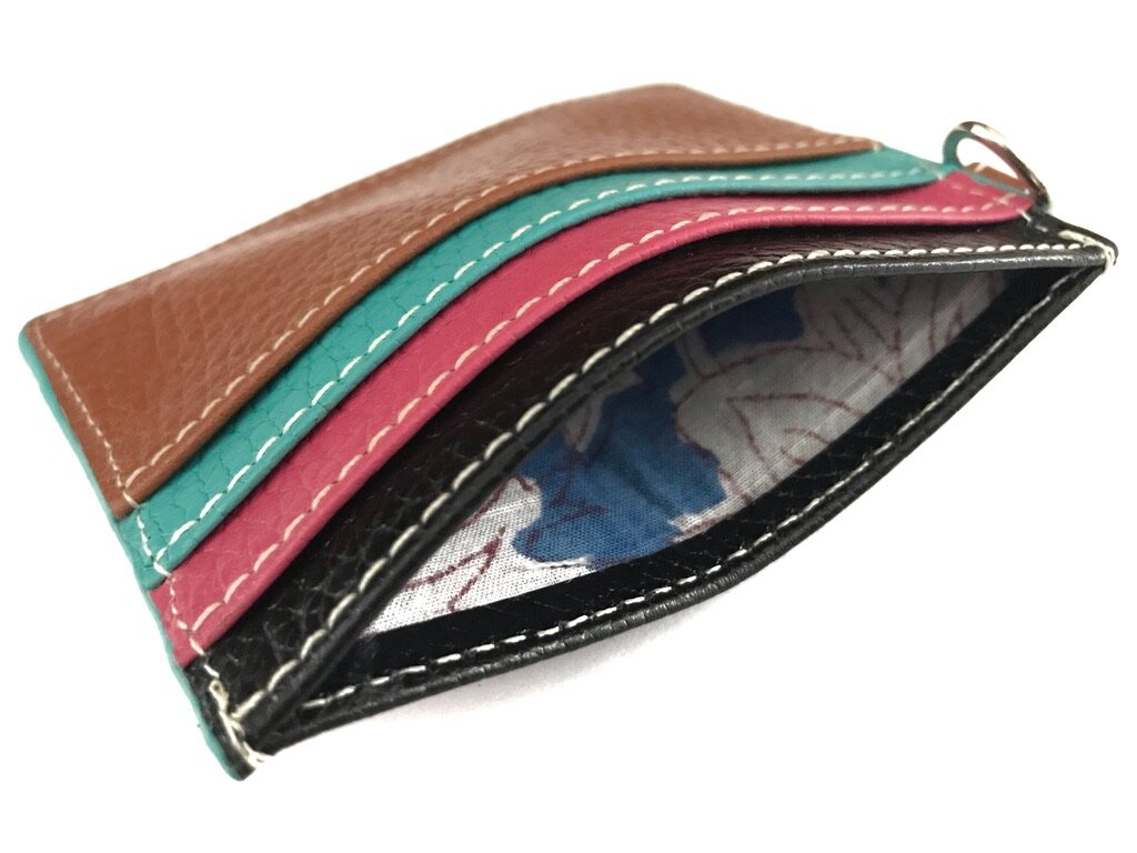 leather card case for 6 cards and inner pocket lined with cotton blockprint