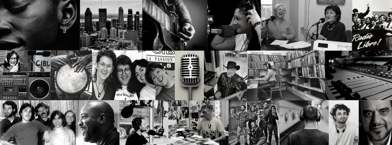 Collage de personnes dans un studio de radio, enregistrement, photographies de la ville, et musiciens, en noir et blanc.
