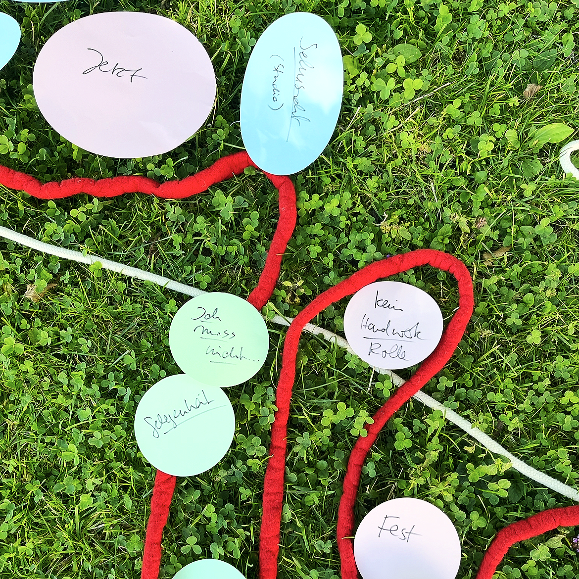 Grünes Gras mit bunten Papierkärtchen und roten Seilen, die auf dem Gras liegen.