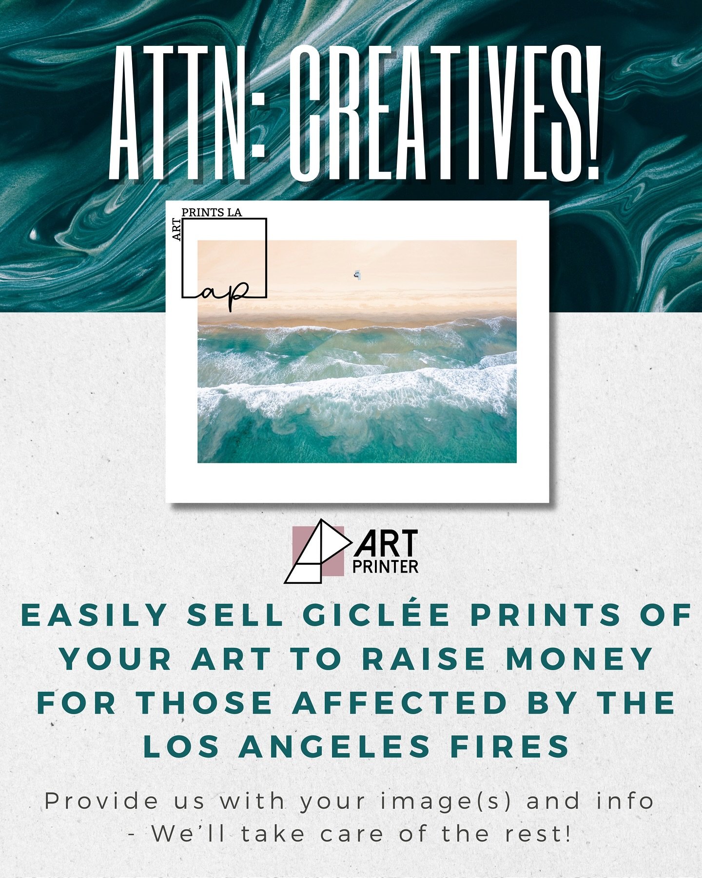 To participate, go to our new website ArtPrintsLA.com. Link in bio!

We&rsquo;ve all seen how the recent LA fires have devastated our community. At Art Printer, we believe in the power of creativity and want to do our part to help those affected.

We