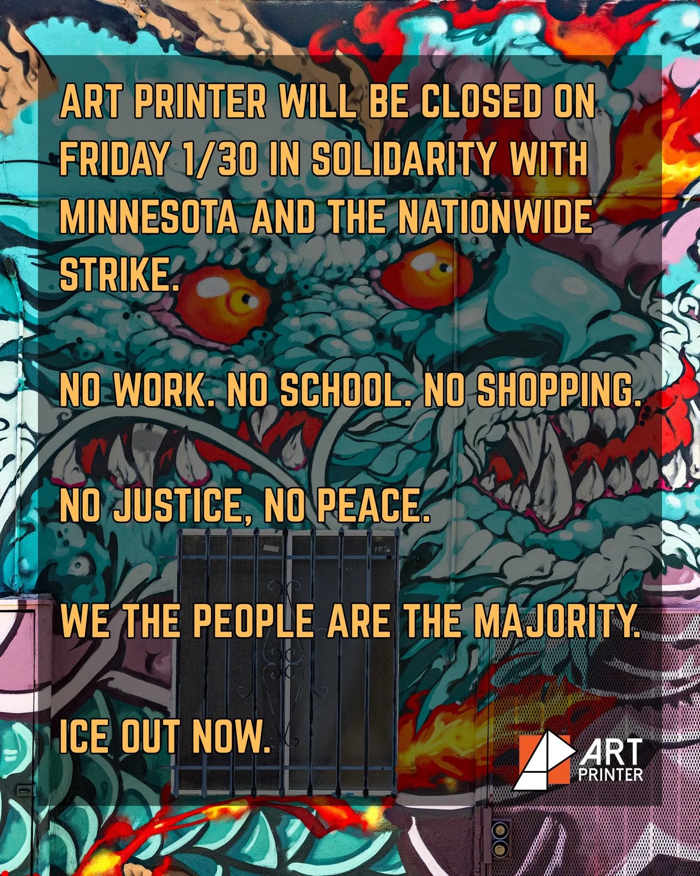 Peace, love and RESIST - Art Printer Team

Dragon mural on the back of our building by @jay56two_ 

#strike #constitution