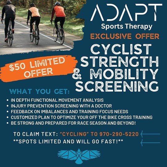 Cyclists! Not sure where to start in your off the bike training? Have aches pains or imbalances that are holding you back in training? We are excited to be rolling out our limited time offer: Cycling Strength &amp; Mobility Screening! At just $50 thi
