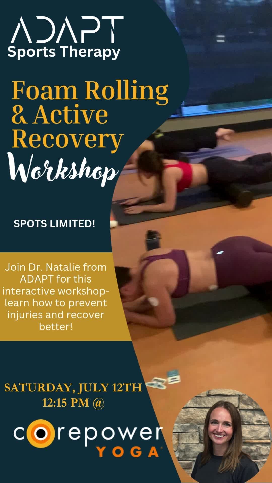 ๐ง‍โ๏ธGet ready to roll and recover!
Join us @corepoweryoga Fort Collins for this Free, interactive workshop led by Dr. Natalie Small from ADAPT Sports Therapy.
Recover faster and prevent injuries so you can keep reaching your goals and pushing
