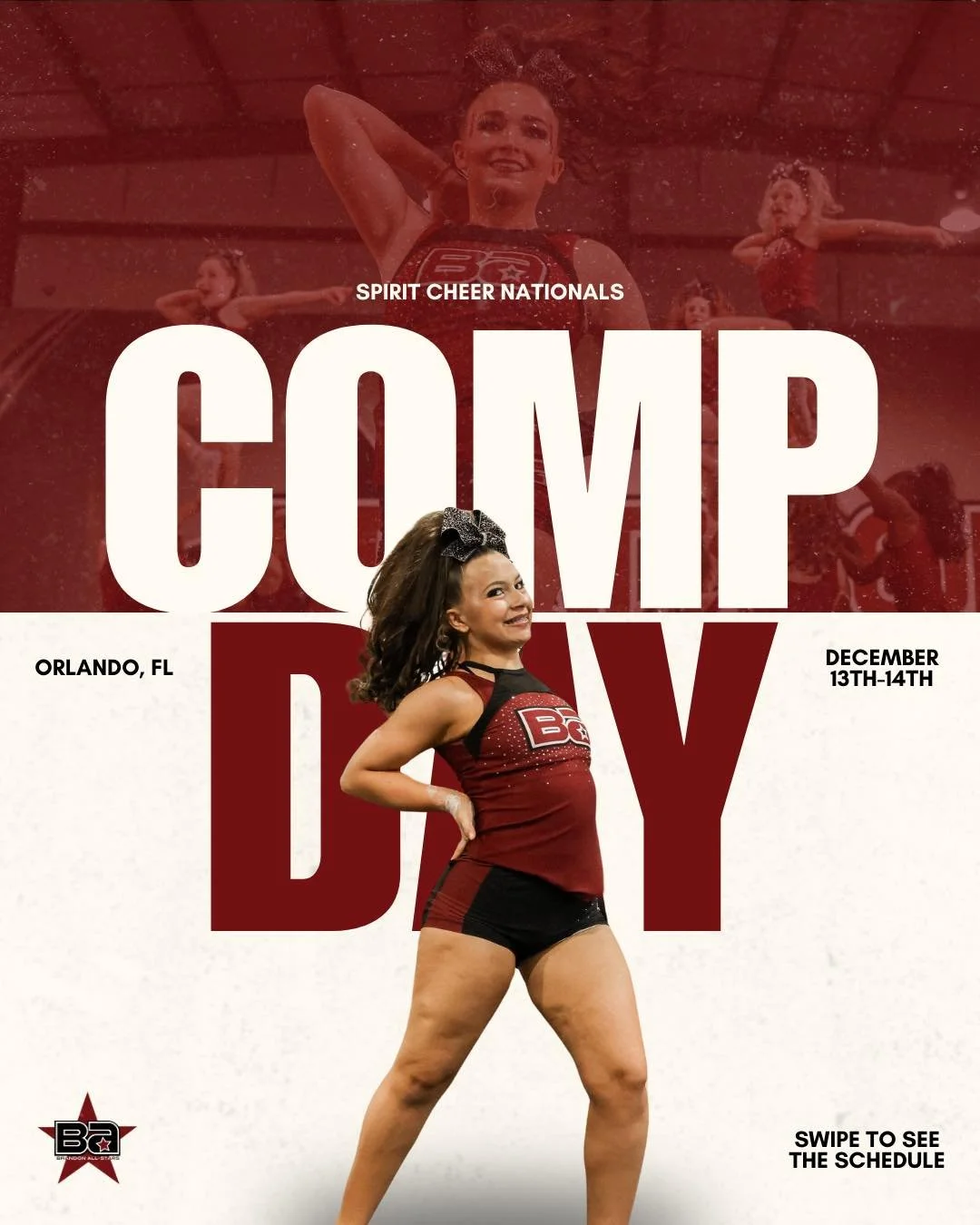 It&rsquo;s competition weekend for the #BAFamily! Swipe to see the performance times for day one of Spirit Cheer! 🤩🅱️🅰️💪

#BrandonAllstars #BAWC #Year31 #GrowingUpBA #KnowOurName #WhoYouWith #BrandonStrong