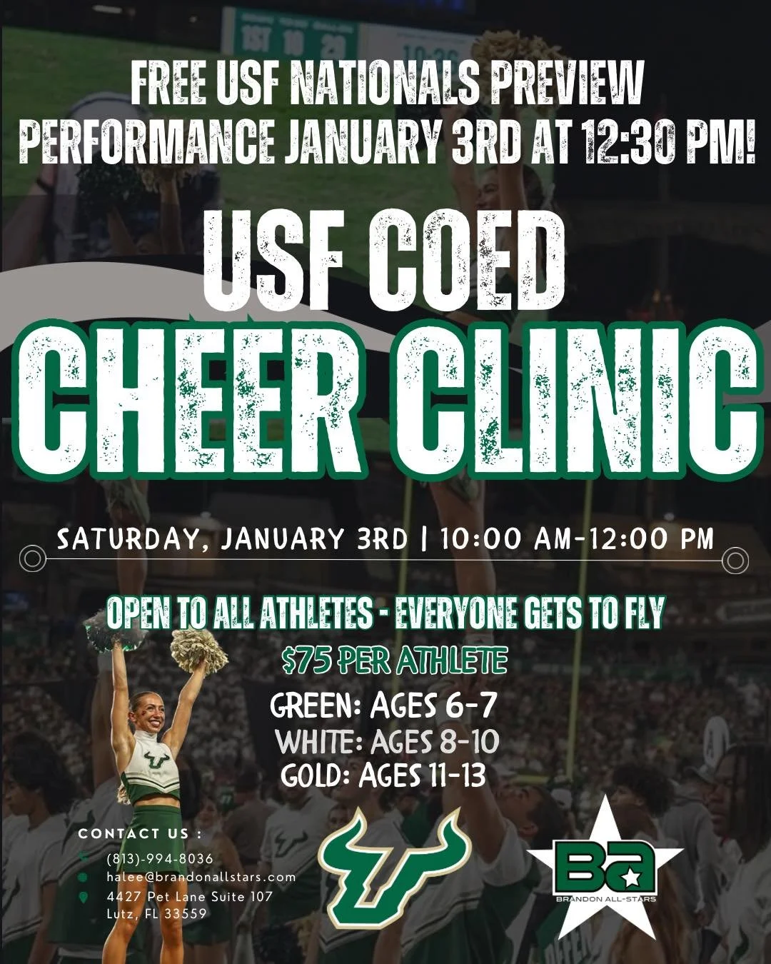 USF Coed is back at BA WC! 🤘💚💛

Join us for a day full of USF spirit. The USF Coed Cheer Clinic is open to BA members and non-members. 

Come out and support the Champs! After the clinic, join us for the opportunity to watch their FREE Nationals P