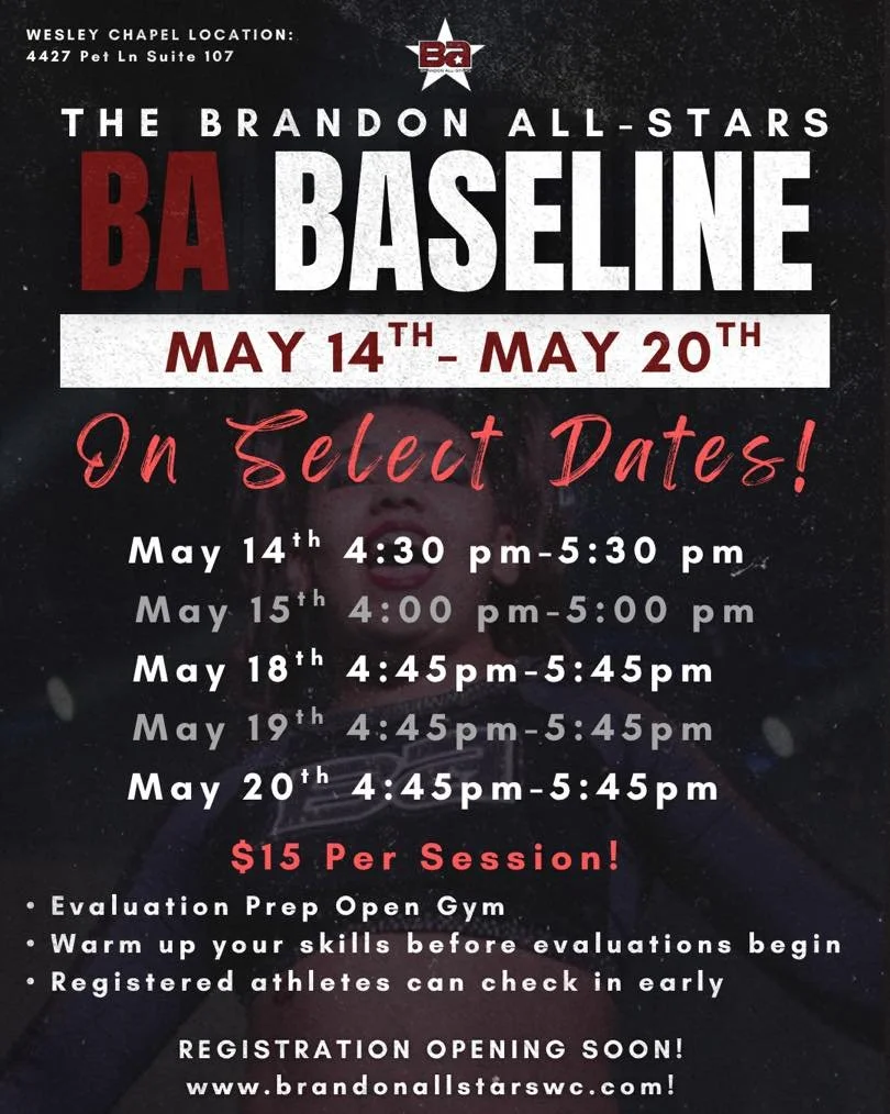 New this season &mdash; BA Baseline! 🤩🅱️🅰️💪

Join us for Evaluation Prep Open gyms on select dates! Warm up your skills, review the dance and athletes that are already signed up for Evaluations can get checked in early! 

Register here: https://p