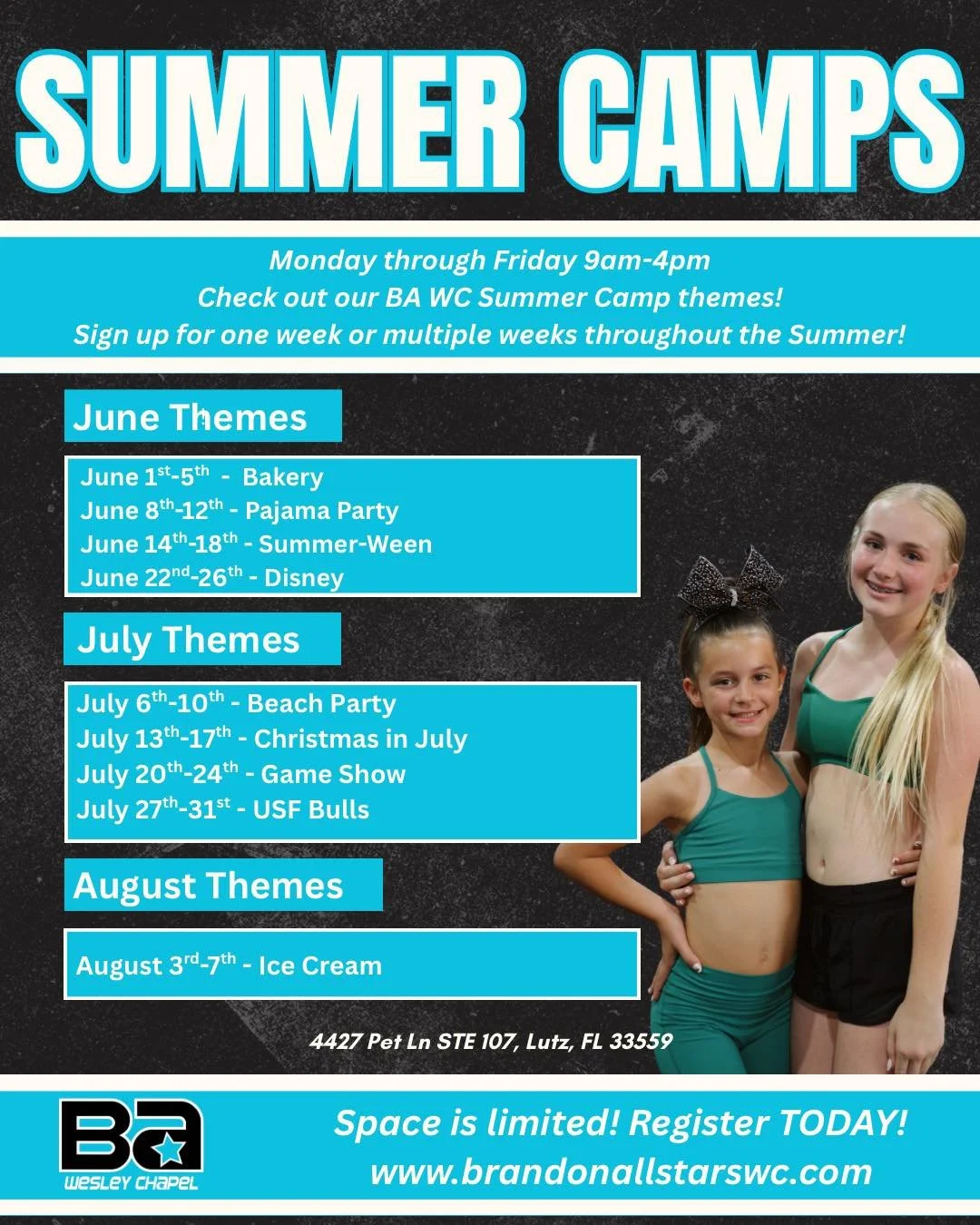 It&rsquo;s officially Summer in Tampa Bay! ☀️ 

Our first week of Summer Camps start Monday! Check out all of the fun themes! Sign up for one week or multiple weeks throughout the summer! 

Information and registration: https://www.brandonallstarswc.